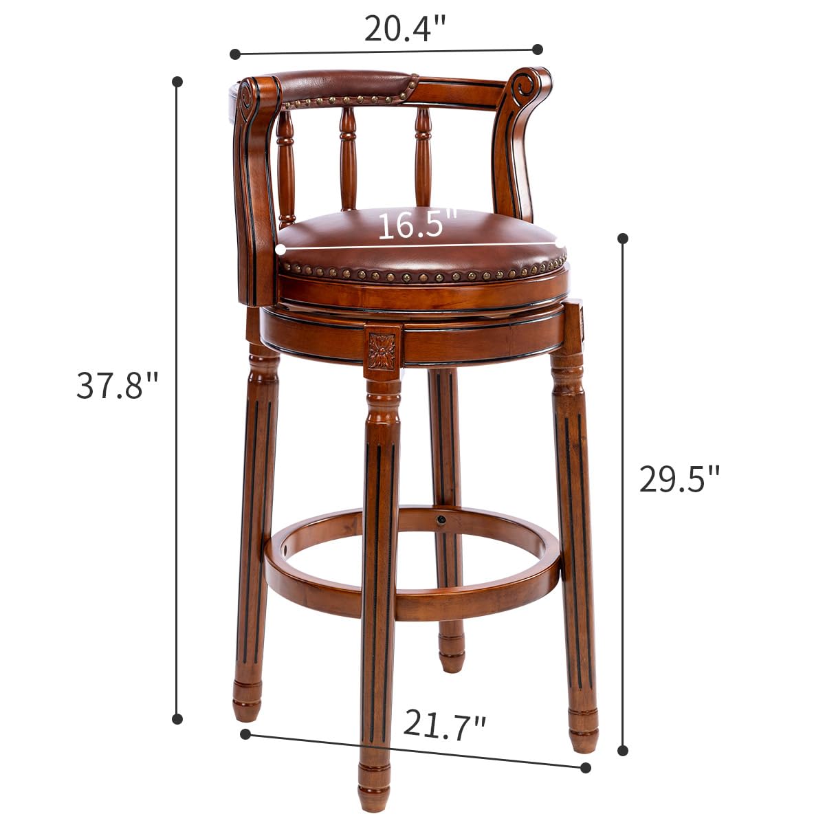 Brown leather swivel bar stool with dark wood finish and decorative nailhead trim