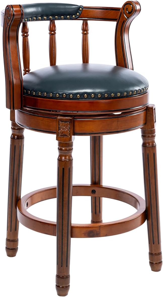 Antique wood swivel bar stool with dark green leather seat and brass nailhead trim
