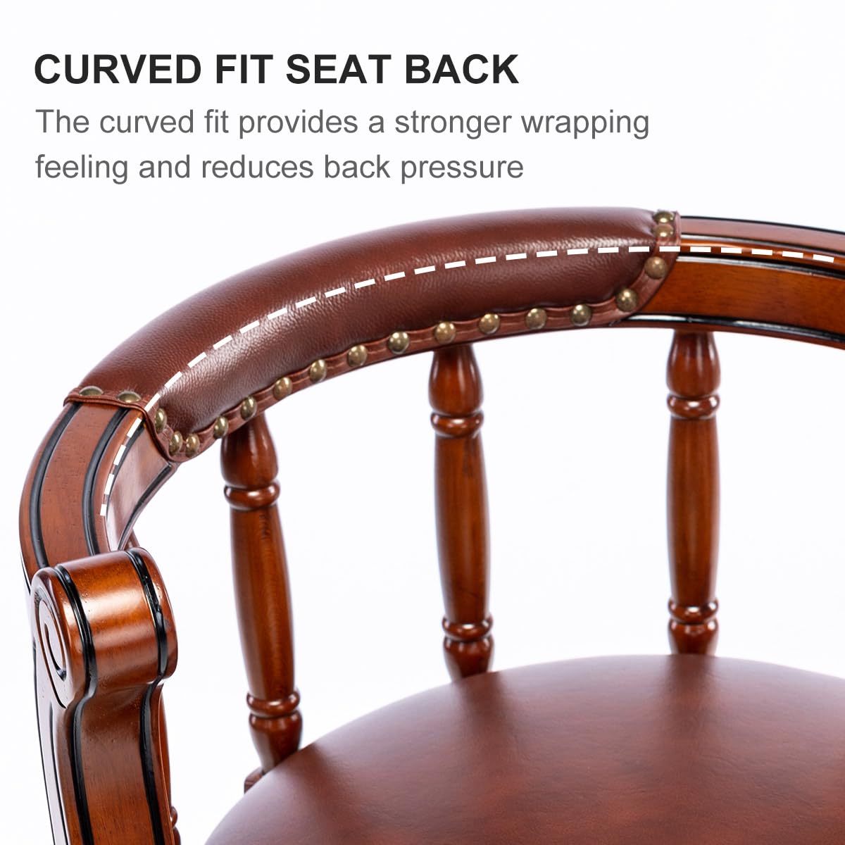 Brown leather armchair with curved wooden back and antique nailhead trim