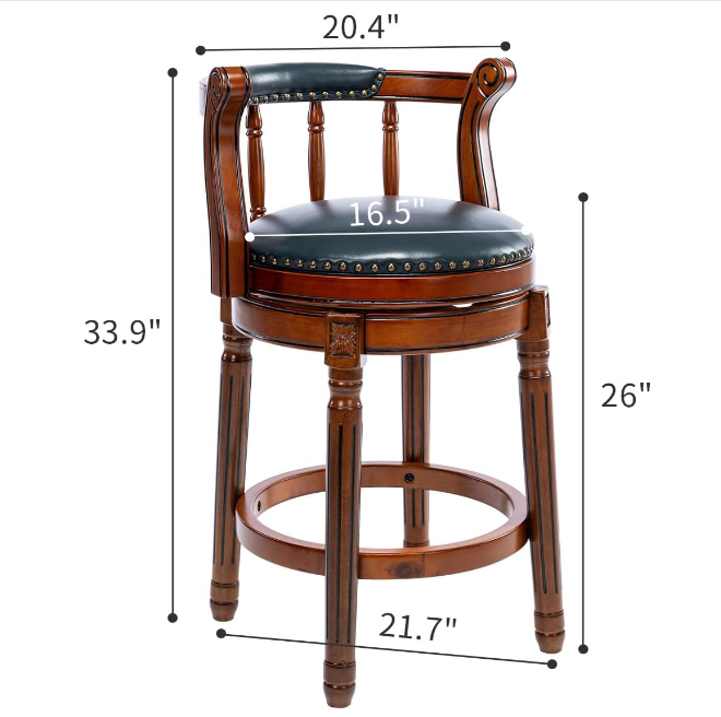 Vintage swivel bar stool with mahogany wood frame and dark green leatherette seat