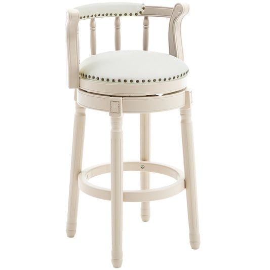 White upholstered swivel bar stool with nailhead trim and curved arms