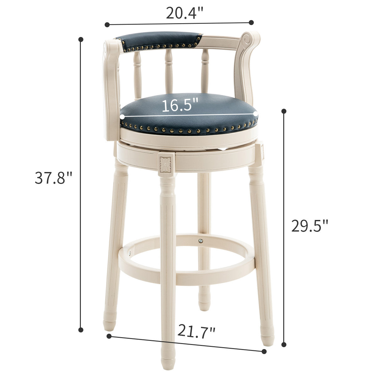 Cream bar stool with navy blue upholstered seat and back