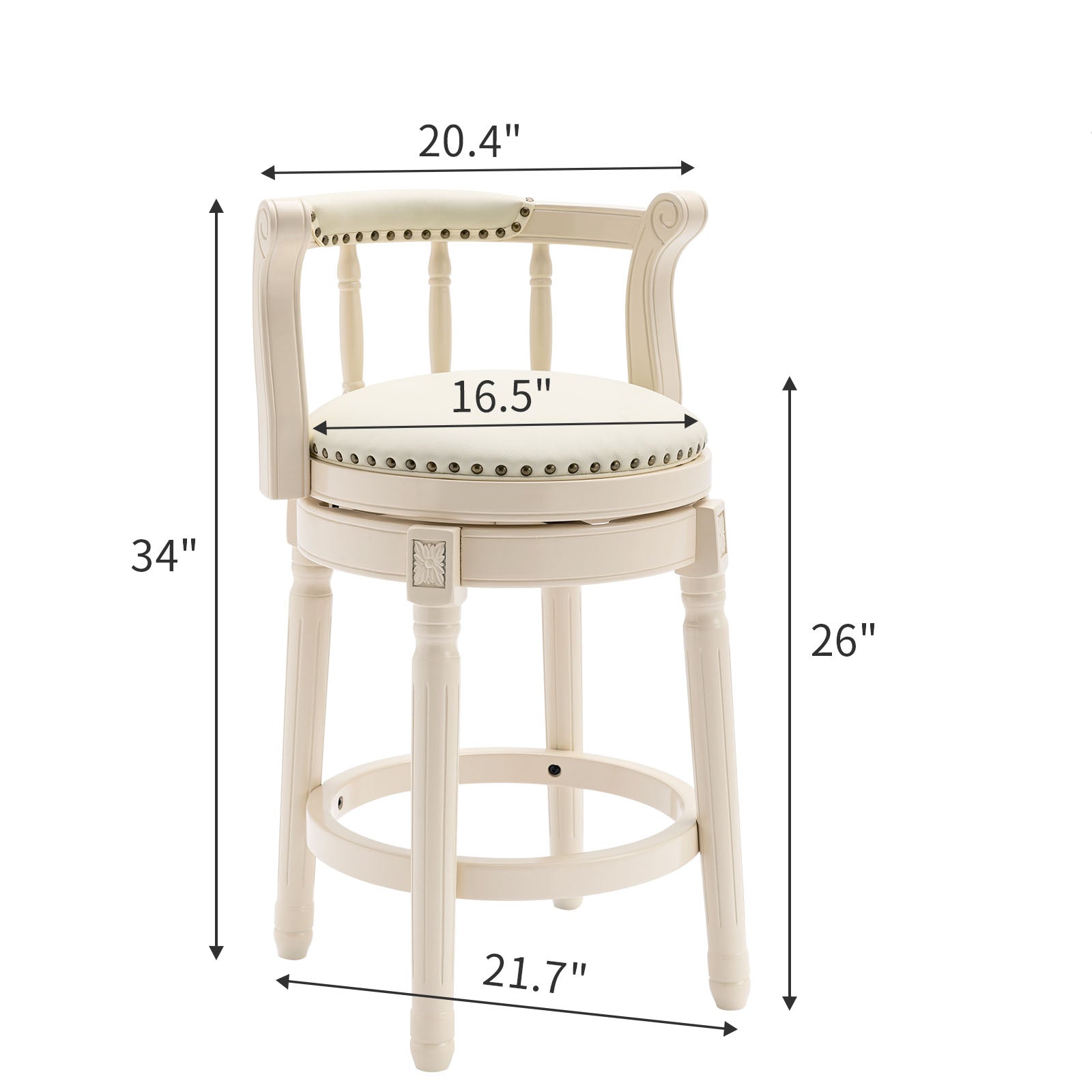 Cream upholstered swivel bar stool with decorative nailhead trim and turned legs