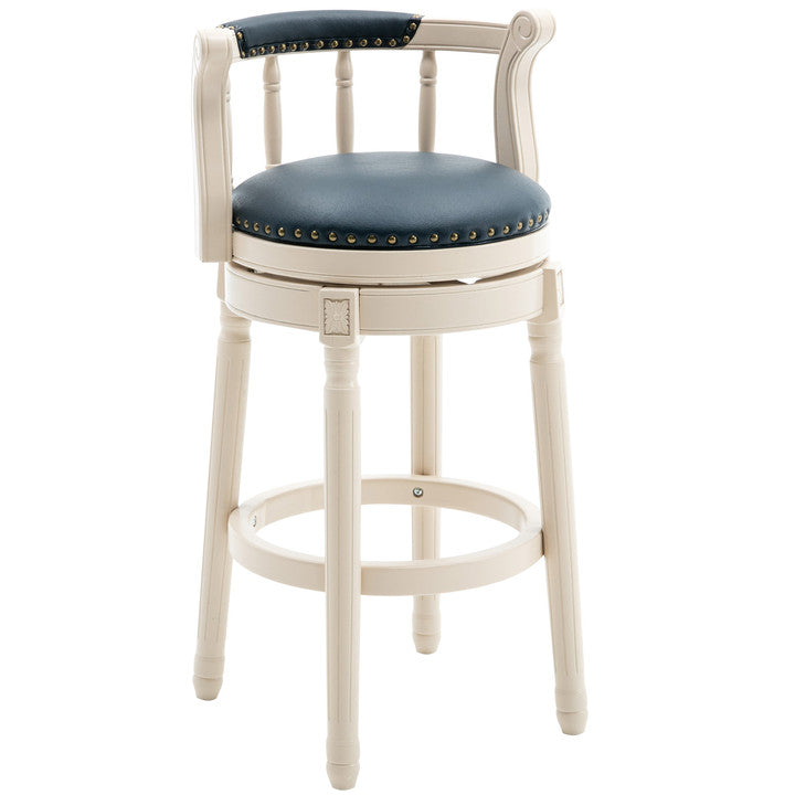 Cream bar stool with navy blue upholstered seat and backrest