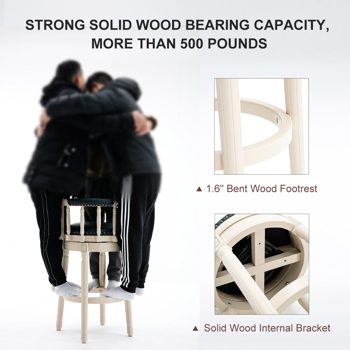 Cream bar stool with a padded seat and solid wood structure