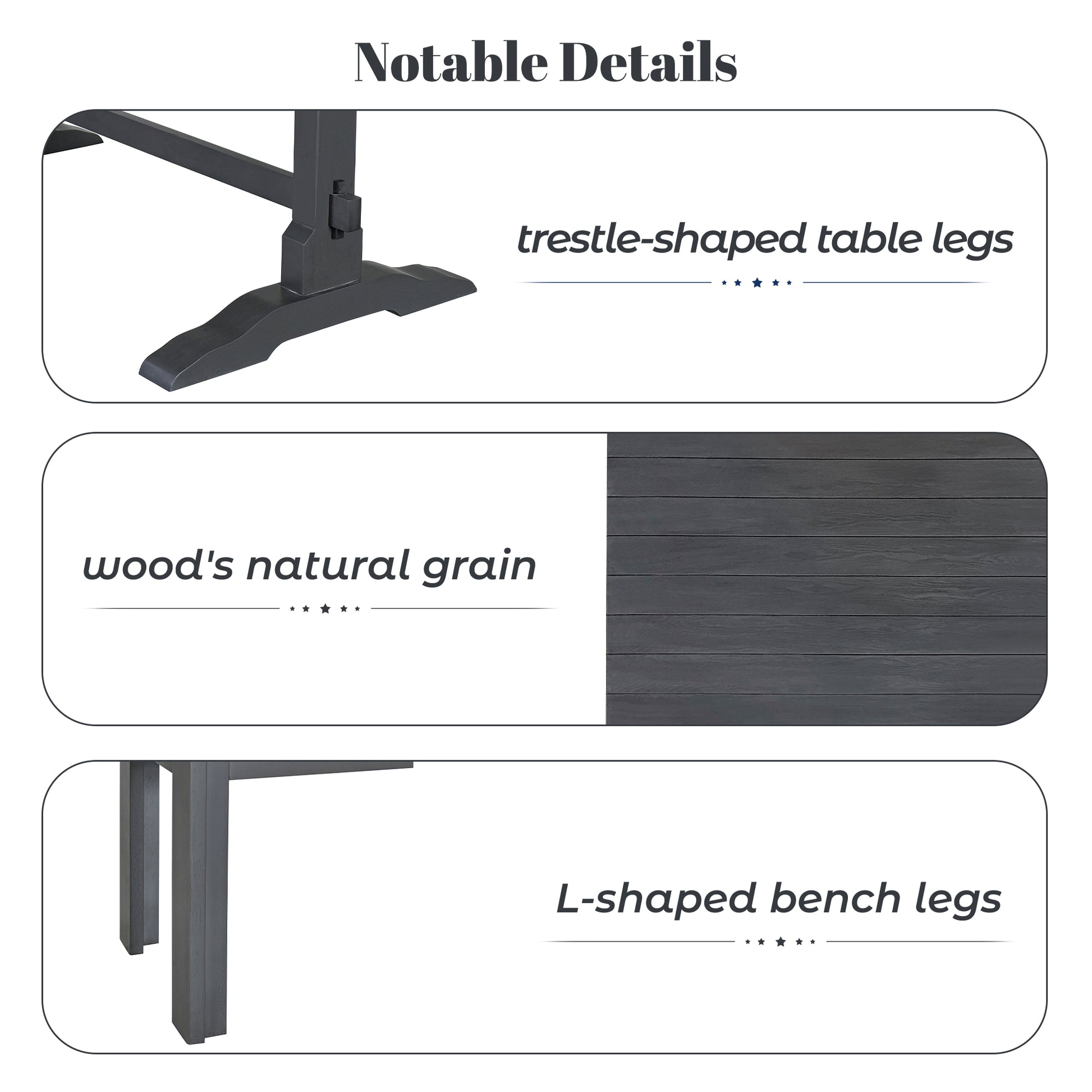Dark gray trestleshaped table legs with a wide base