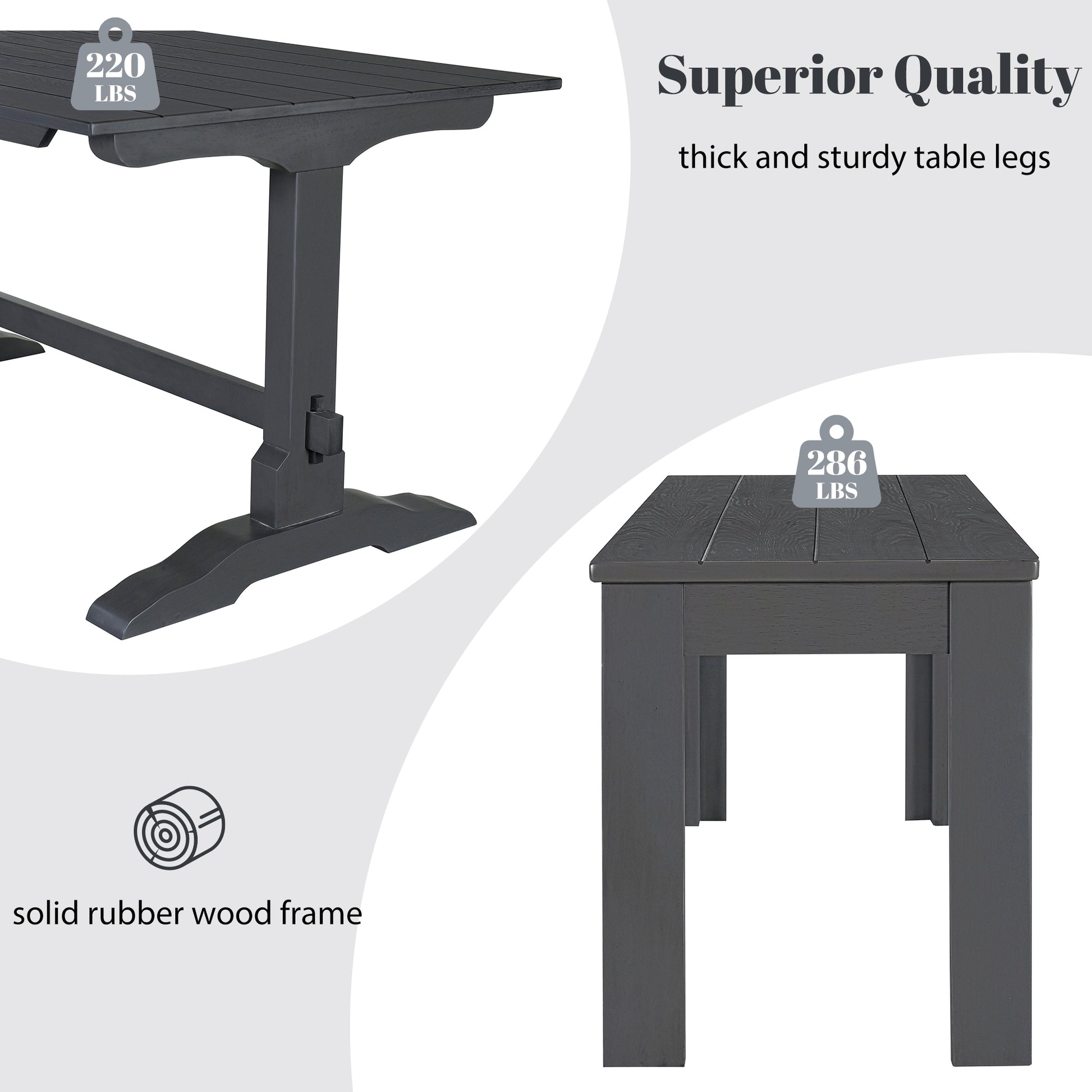 Dark gray dining table with thick sturdy legs supporting  lbs