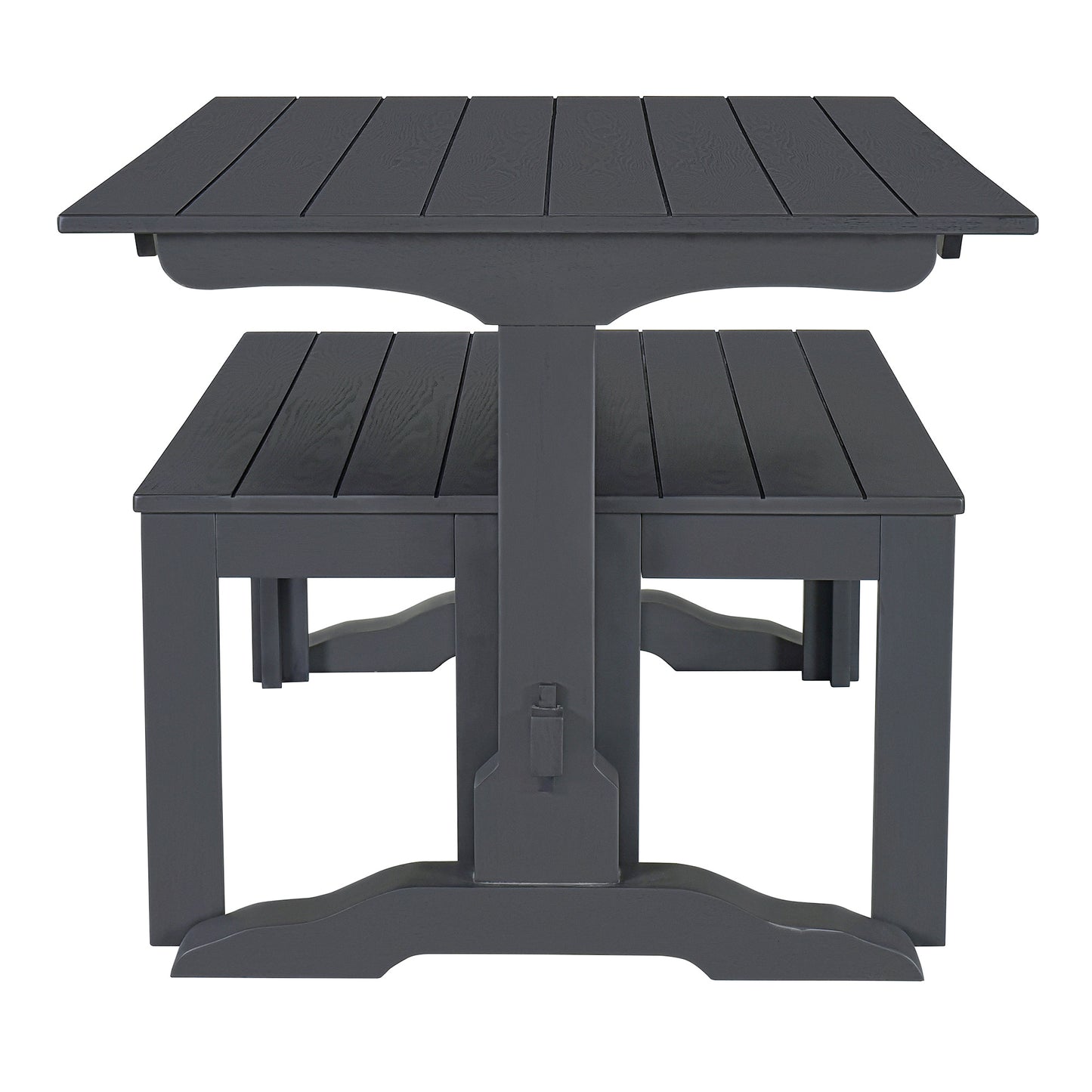 Dark grey square dining table with integrated bench seating