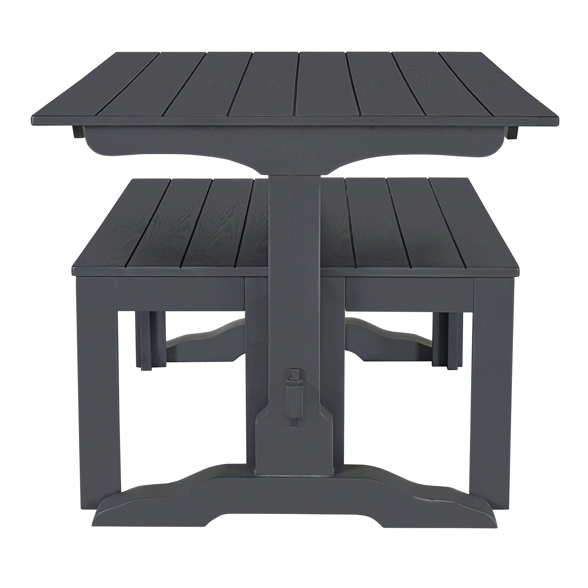 Dark grey square dining table with integrated bench seating
