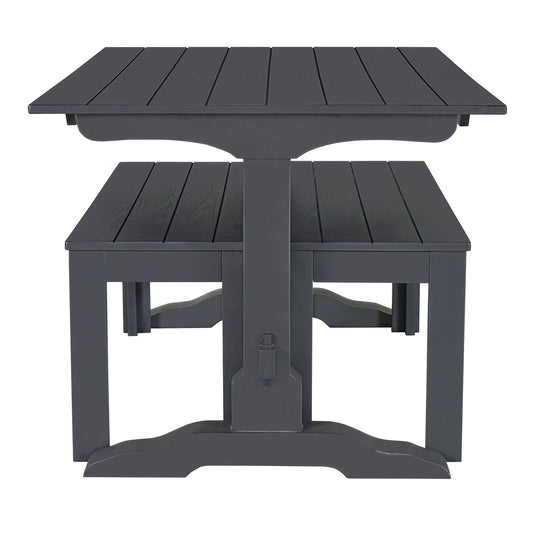 Dark grey square dining table with integrated bench seating