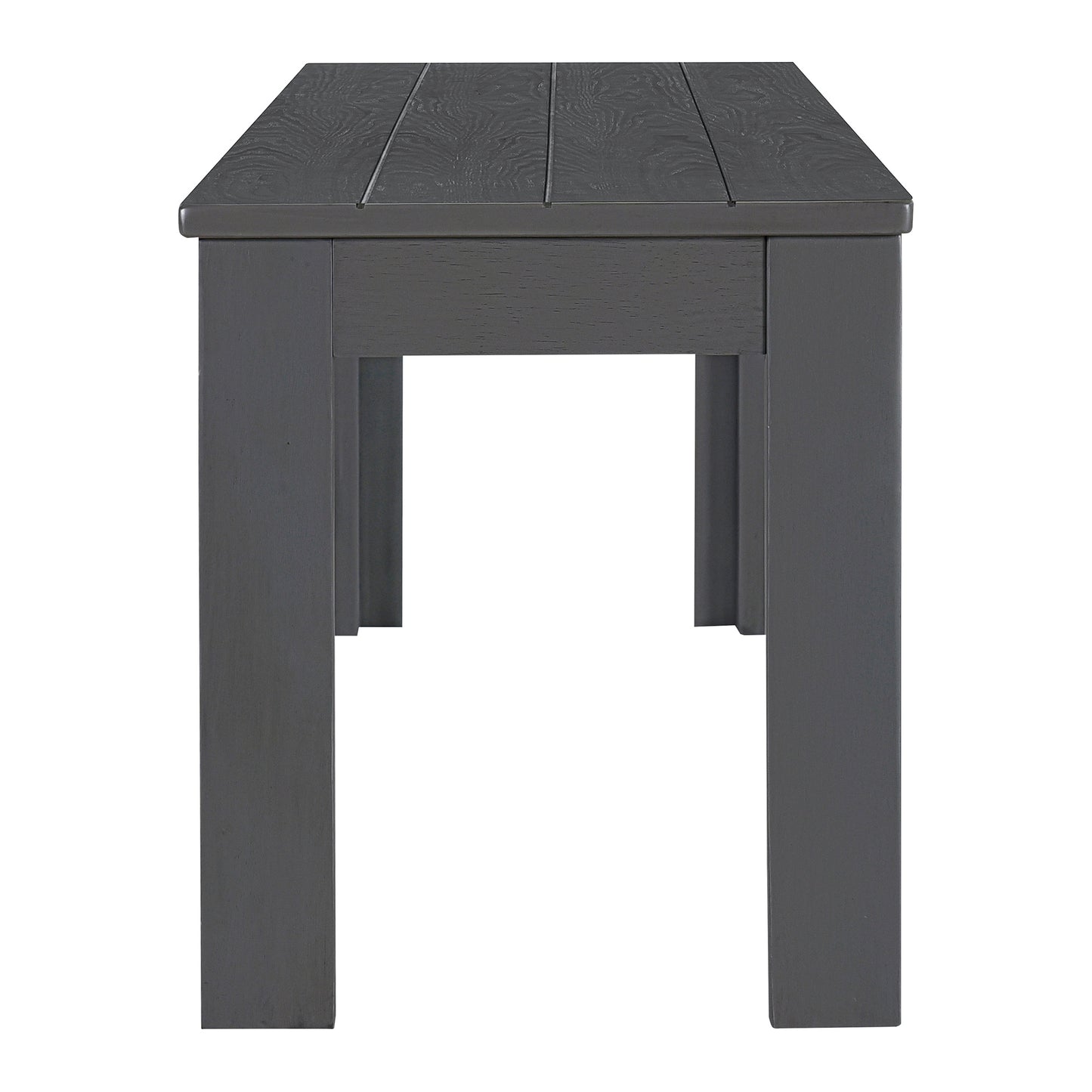 Dark grey wooden bench with slatted top and sturdy legs