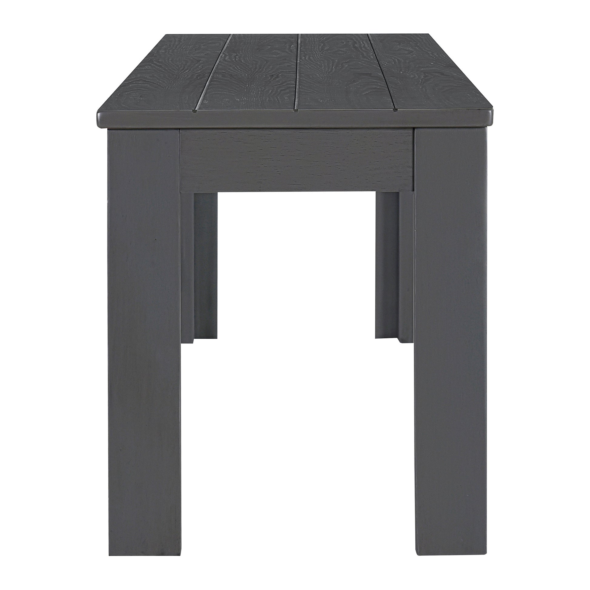 Dark grey wooden bench with slatted top and sturdy legs