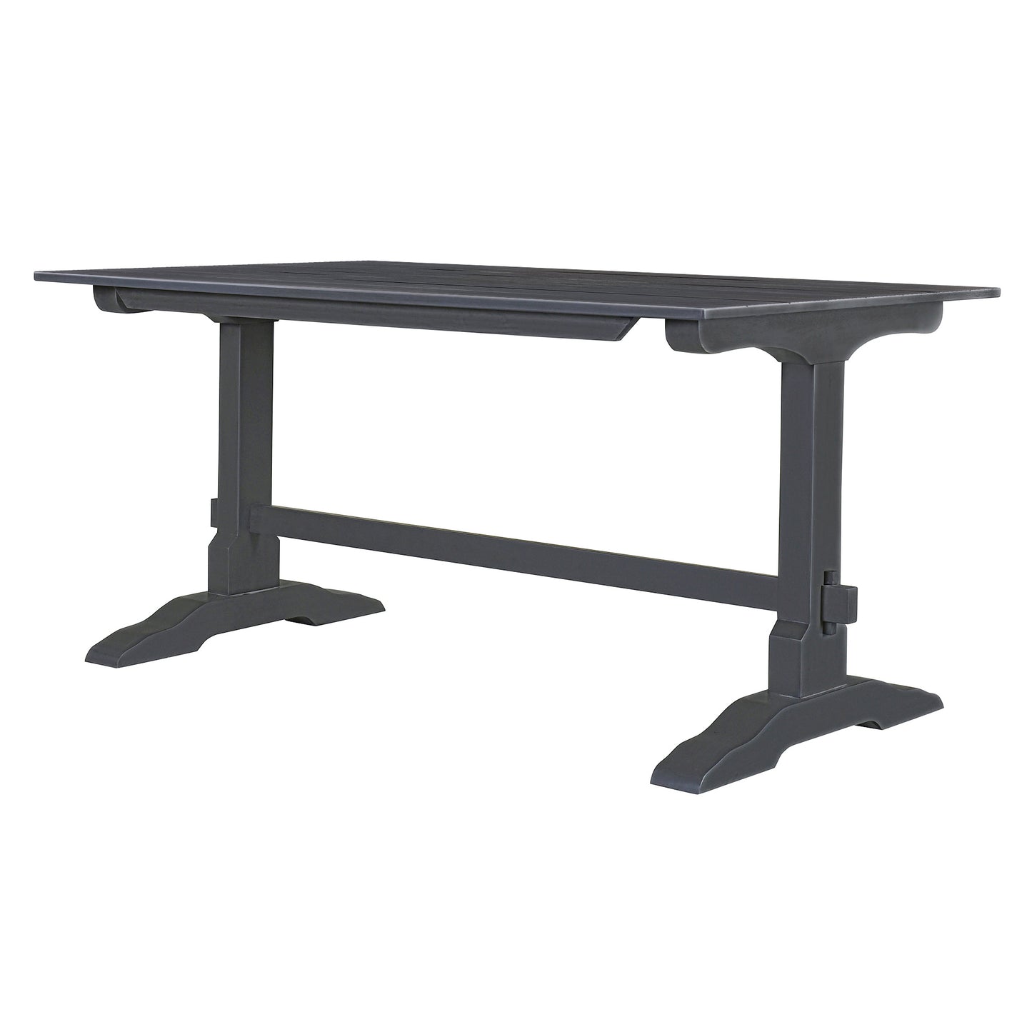 Dark grey rustic dining table with slatted top and trestle base