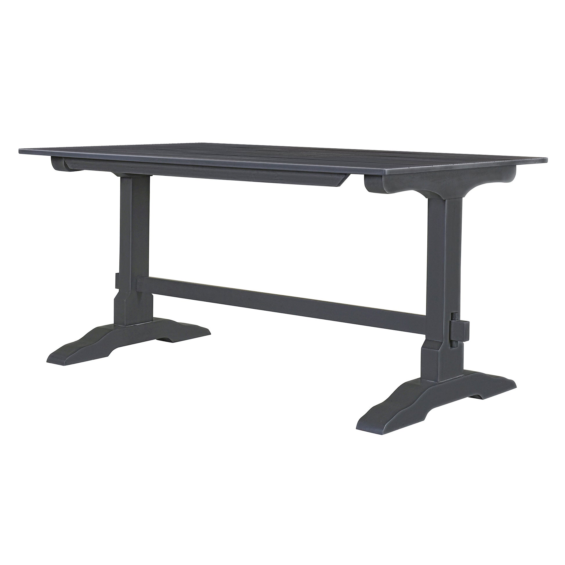 Dark grey rustic dining table with slatted top and trestle base