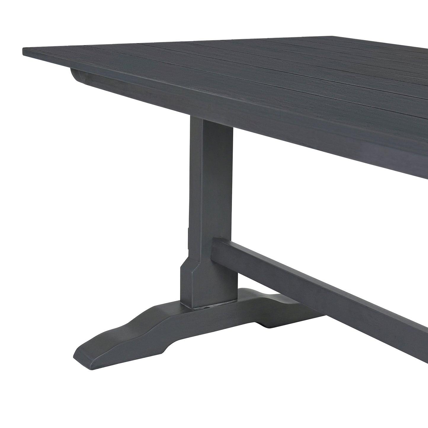 Dark gray wooden outdoor dining table leg detail showing trestle base