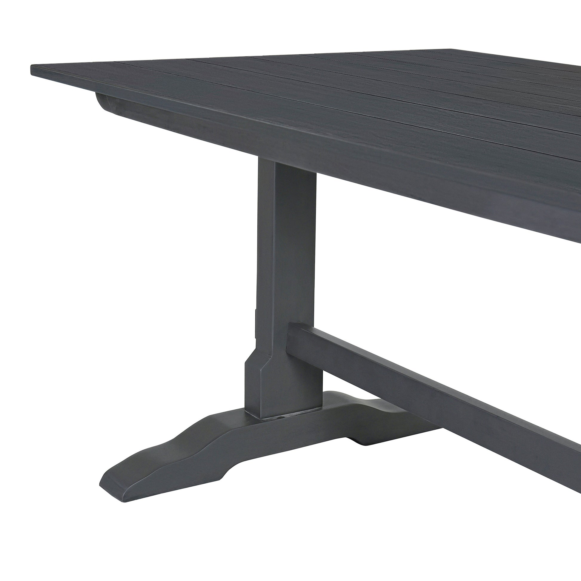 Dark gray wooden outdoor dining table leg detail showing trestle base
