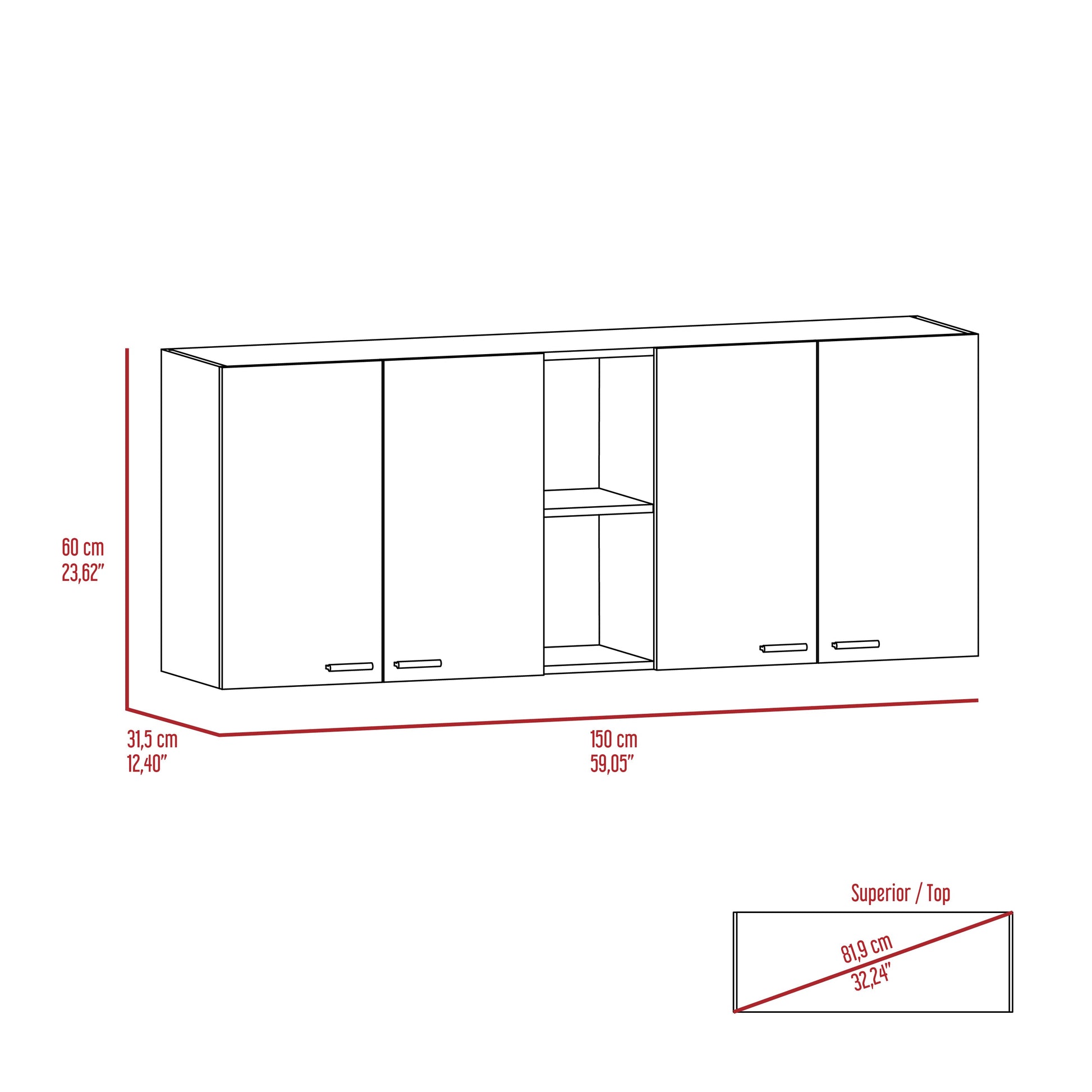 Line drawing of a modern white wall cabinet unit with four doors and open shelving