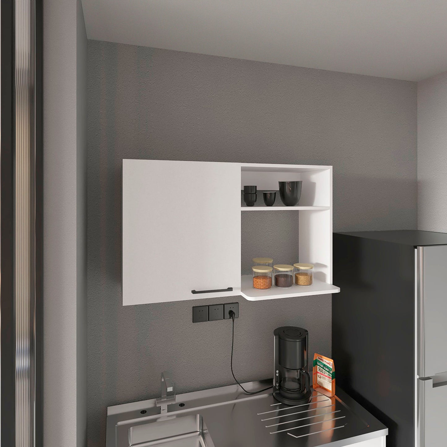 Modern white kitchen cabinet with open shelving