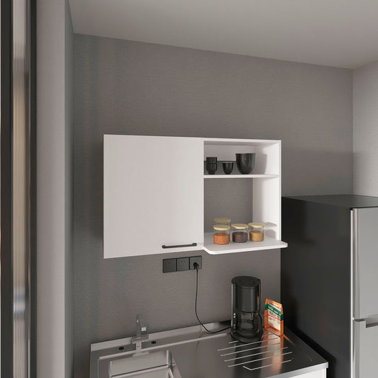 Modern white kitchen cabinet with open shelving