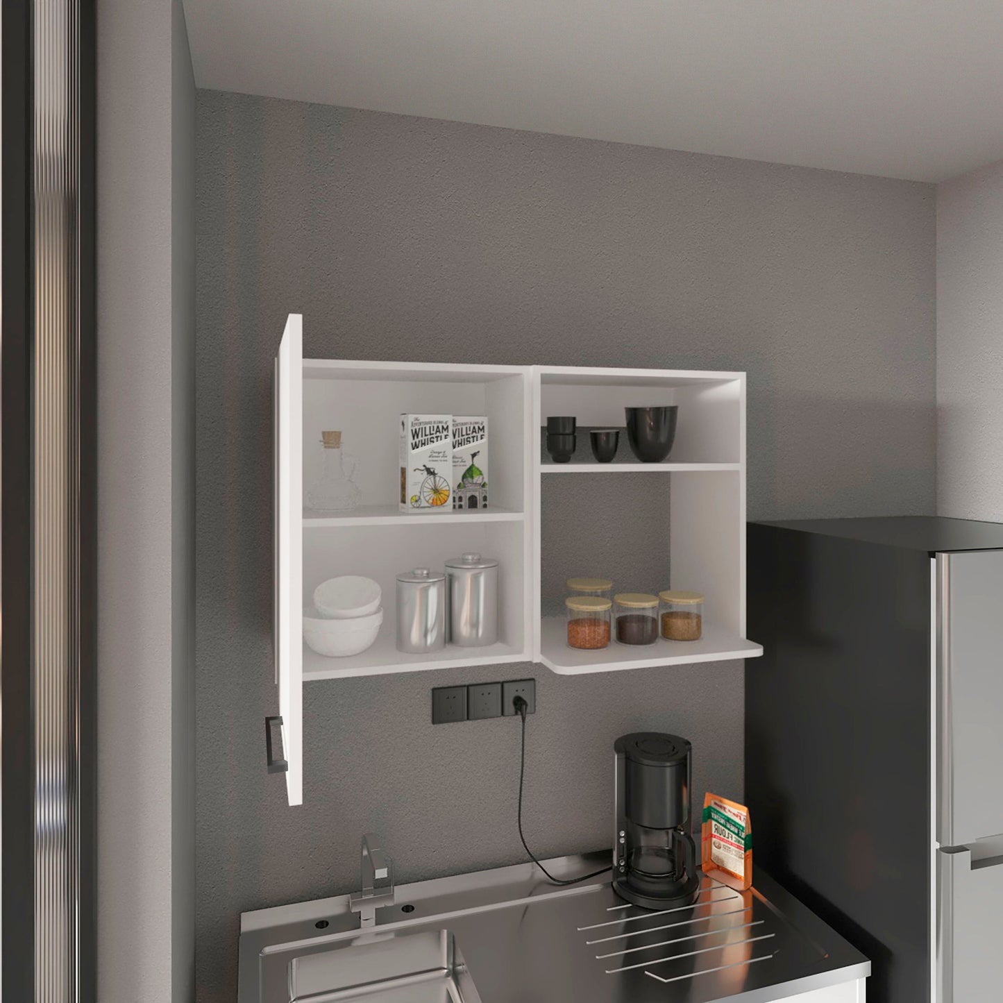 White wallmounted kitchen cabinet with open shelves and kitchenware