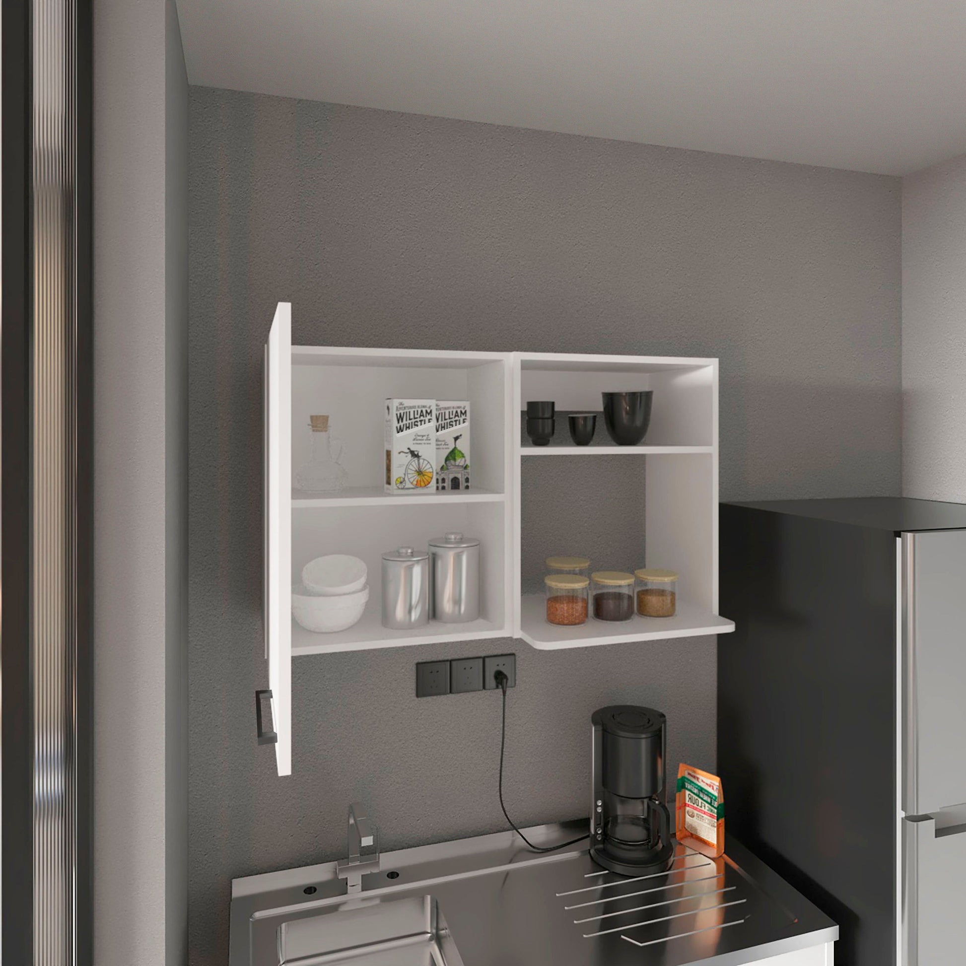 White wallmounted kitchen cabinet with open shelves and kitchenware