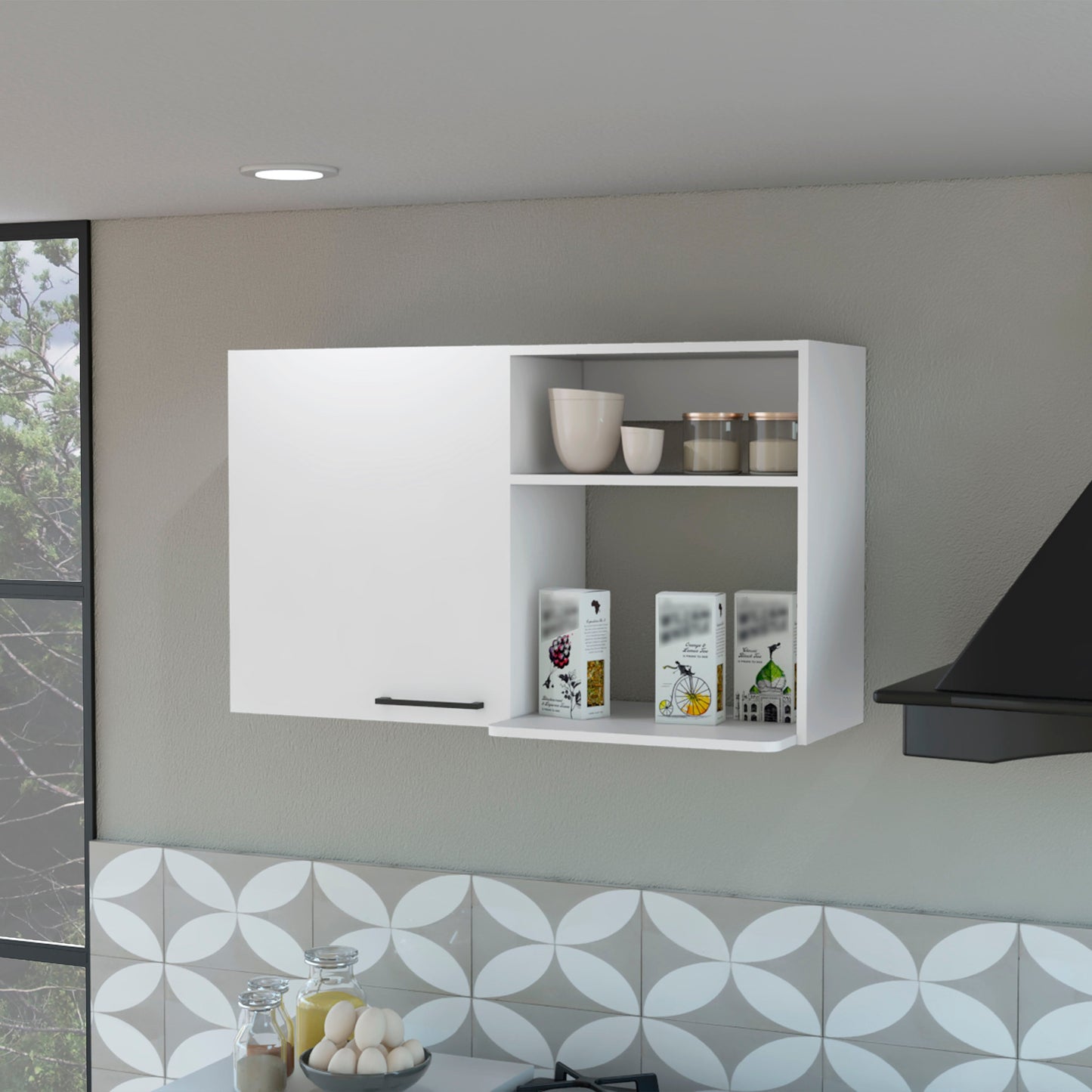 White kitchen wall cabinet with a closed door and open shelving
