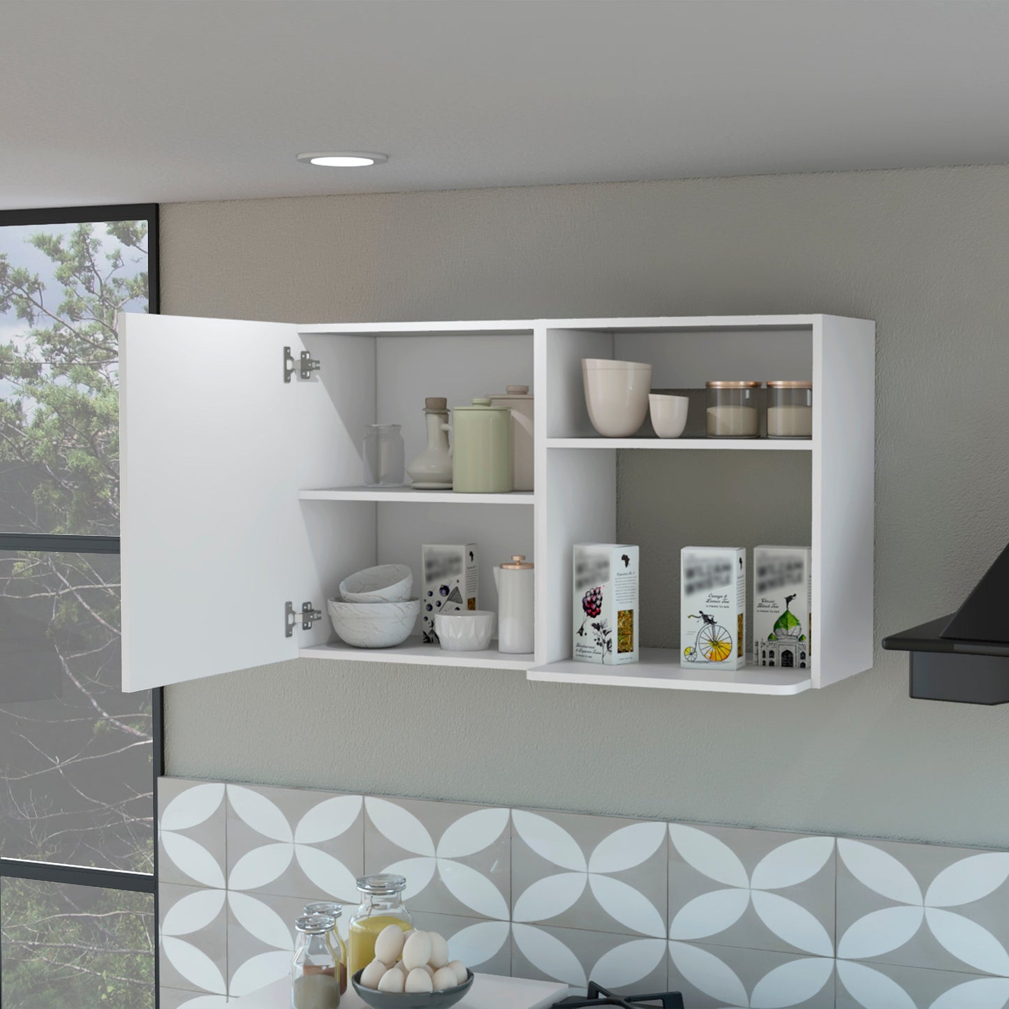 White modern wall cabinet with open door and shelves