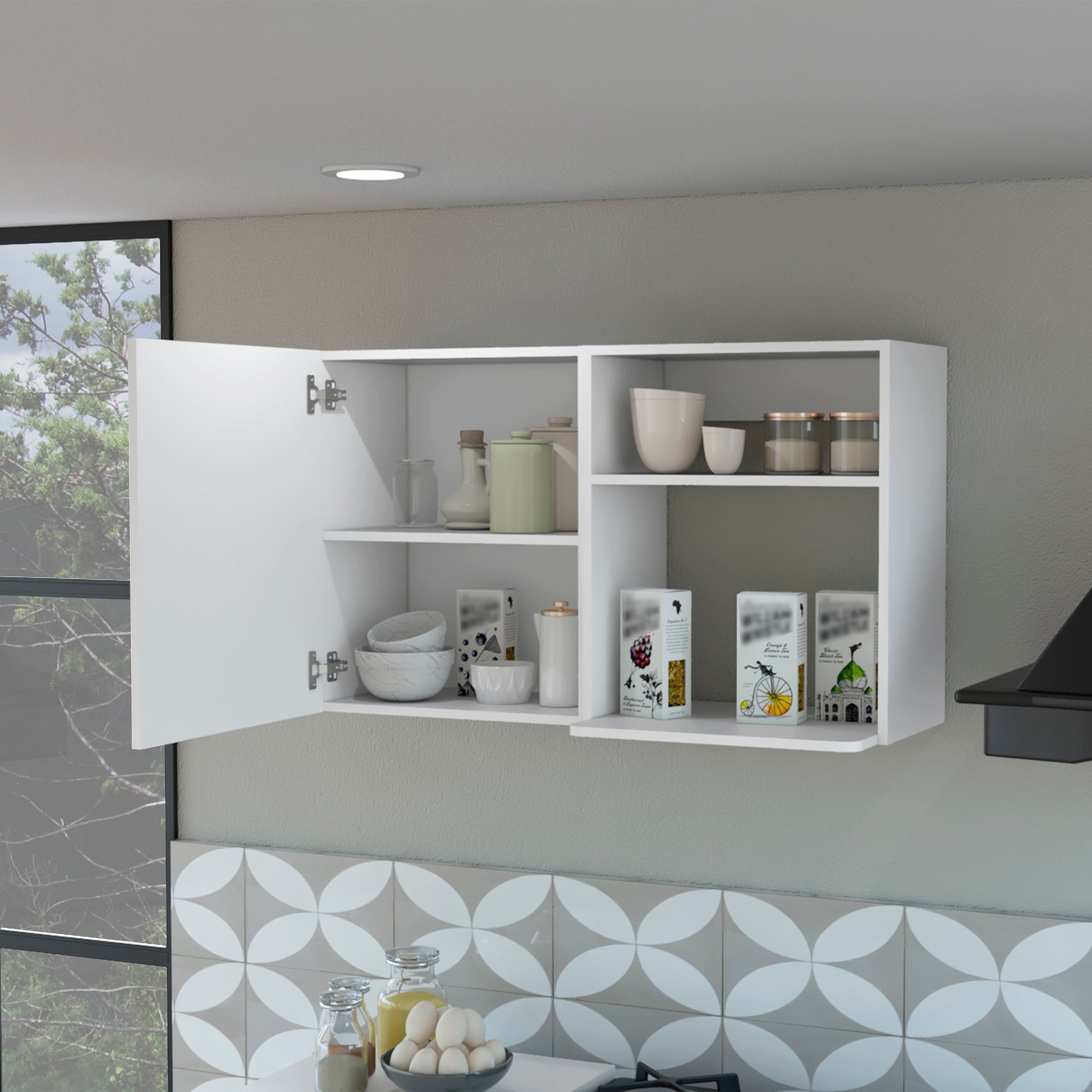 White modern wall cabinet with open door and shelves