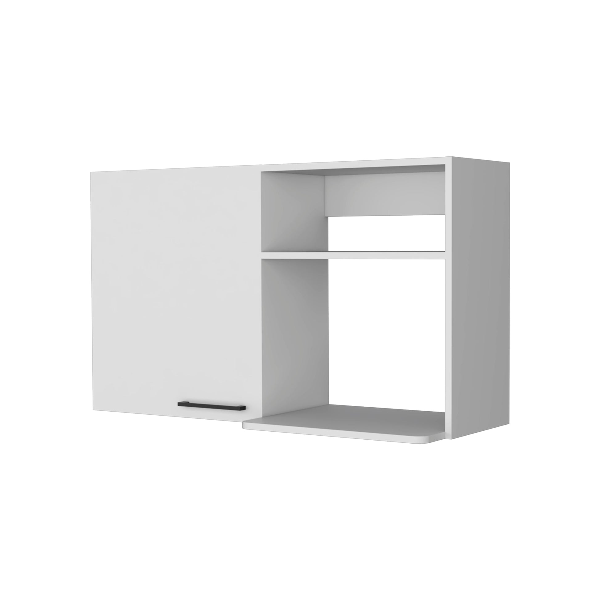White wall cabinet with black handle and open shelf
