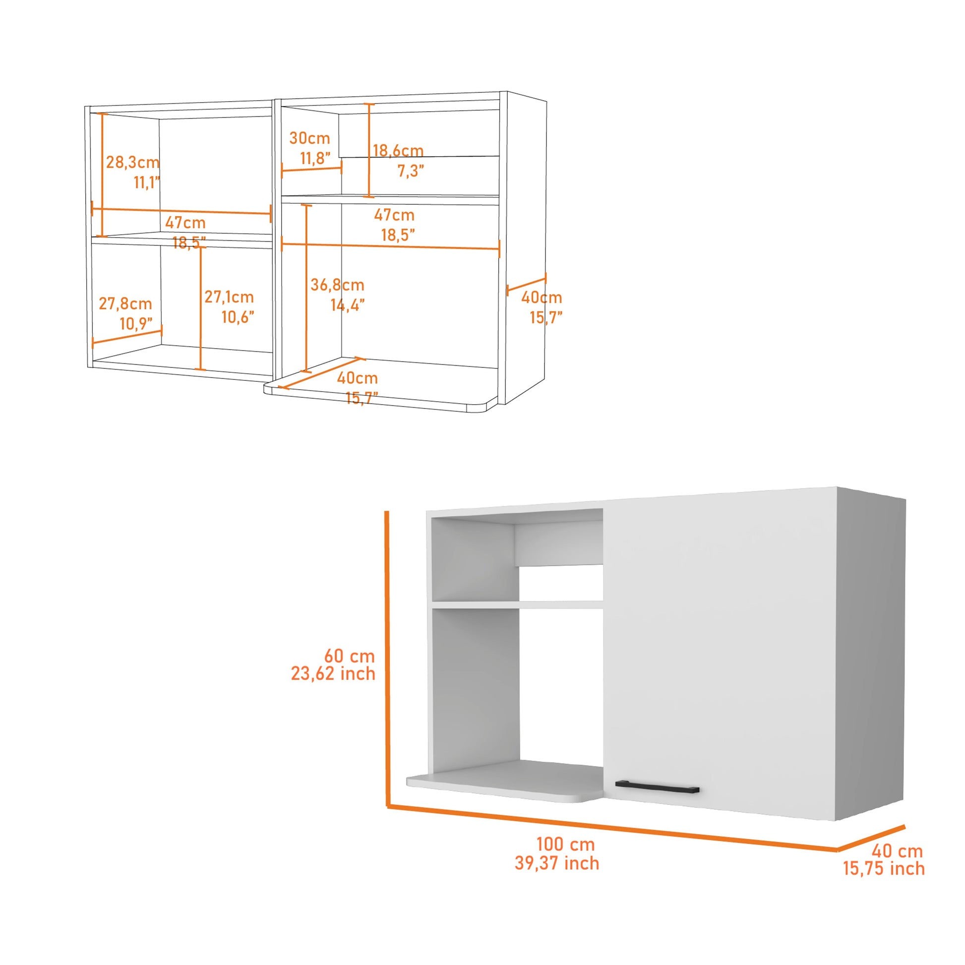 White wall cabinet with two open shelves and one closed compartment dimensions cm W x cm H x cm D