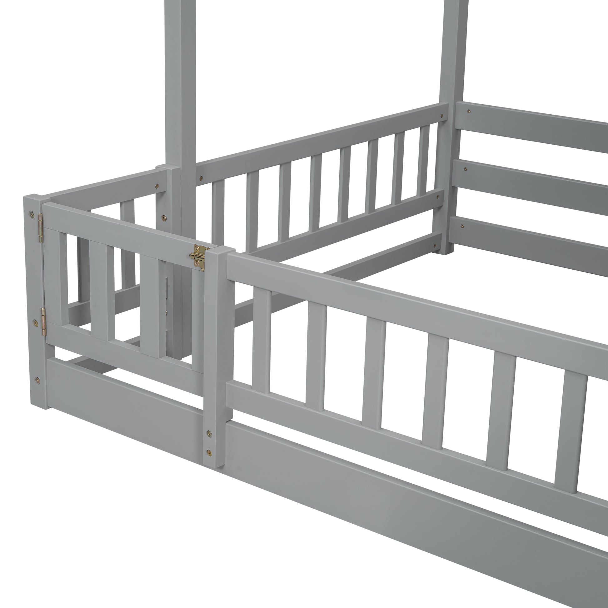 Gray wooden toddler bed frame with side rails
