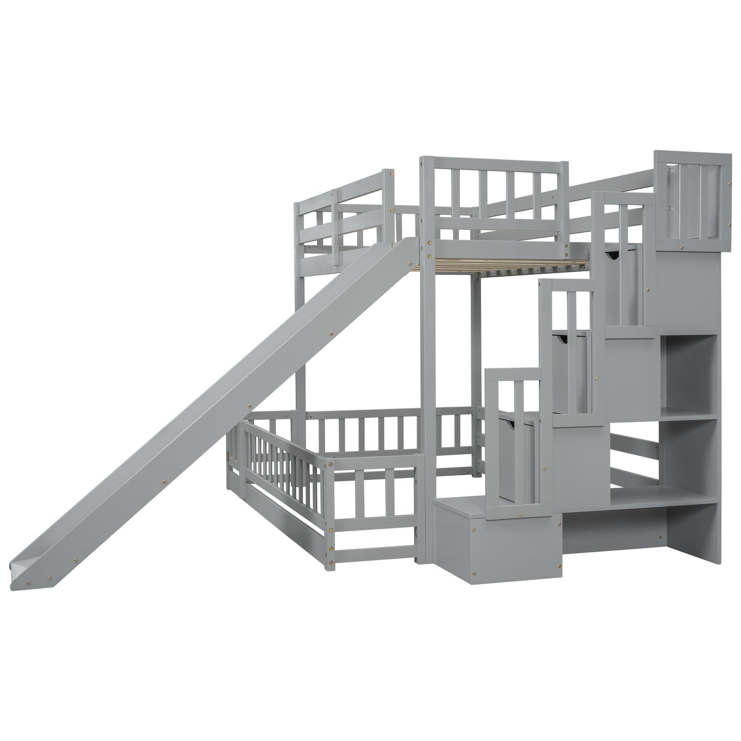 Gray wooden bunk bed with slide and stairs