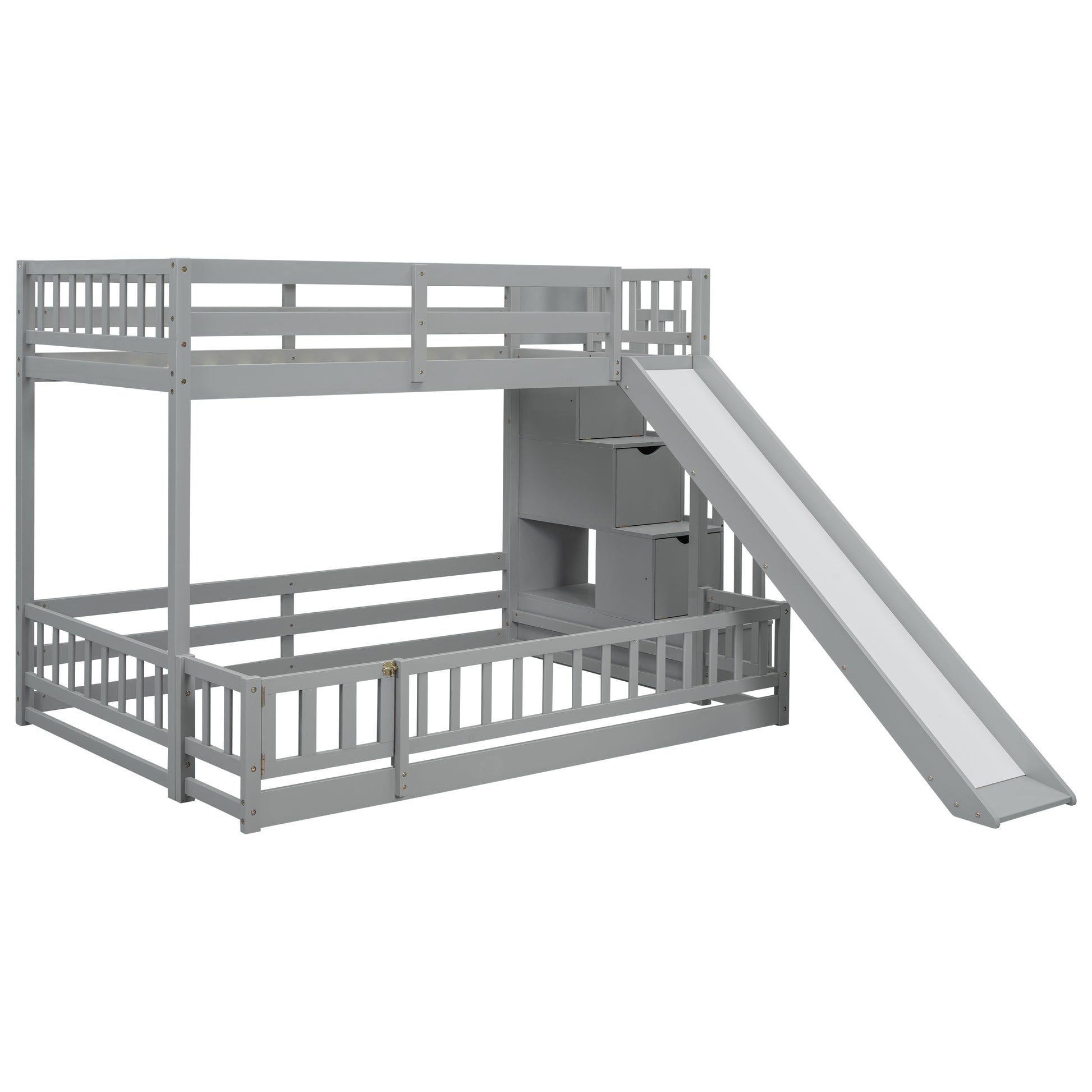Grey wooden bunk bed with slide and stairs