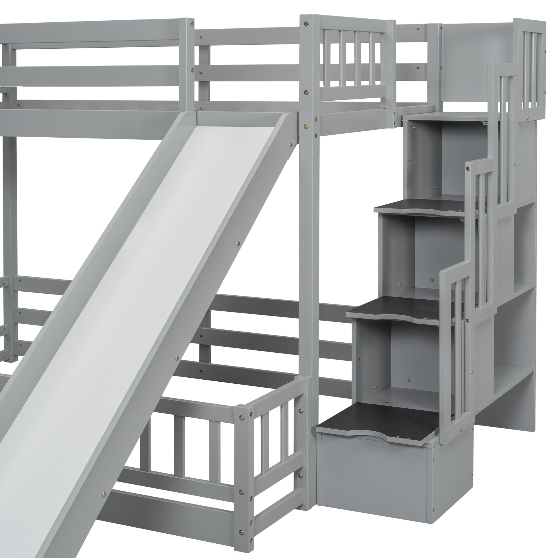 Grey wooden loft bed with slide