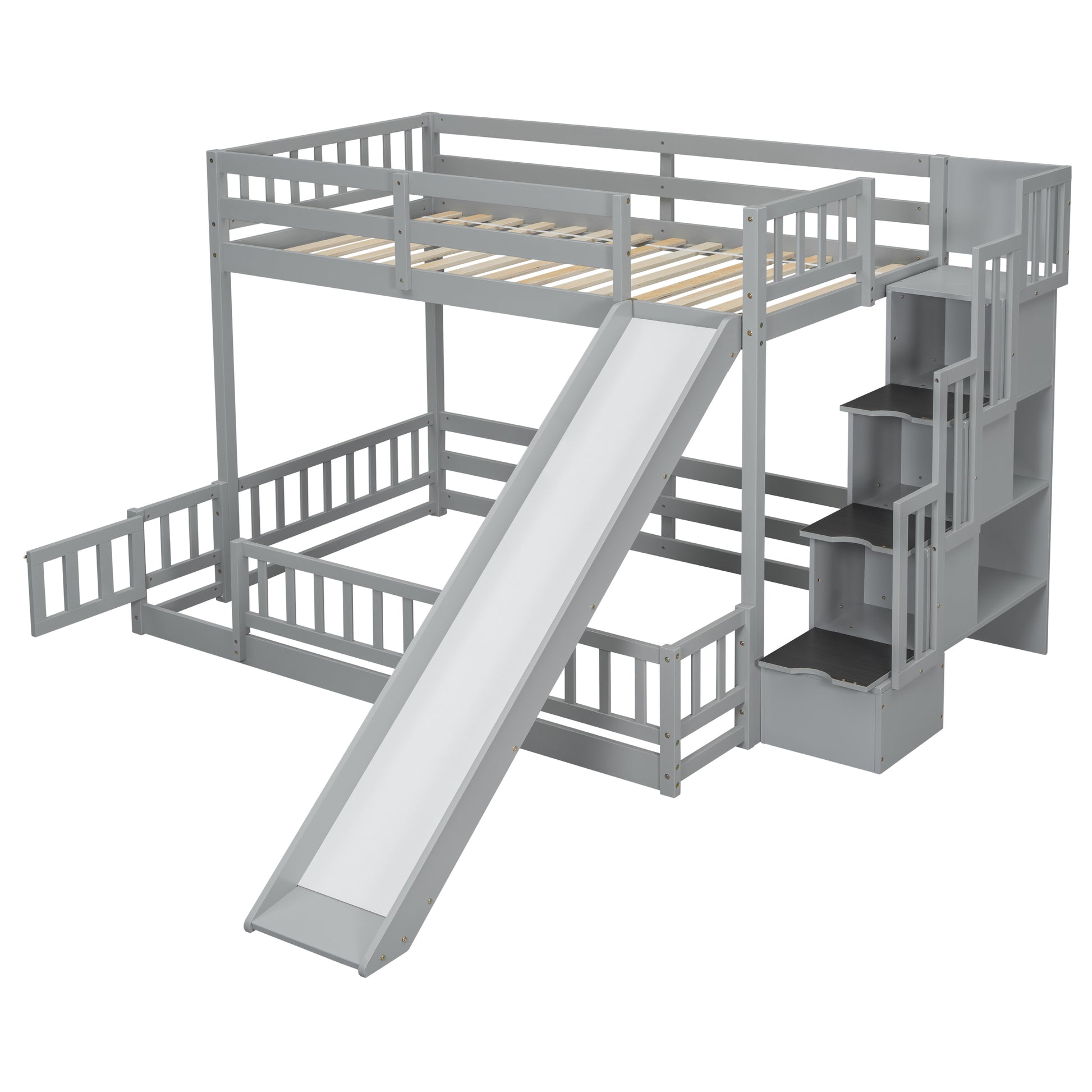 Grey wooden twin over twin bunk bed with slide and stairs