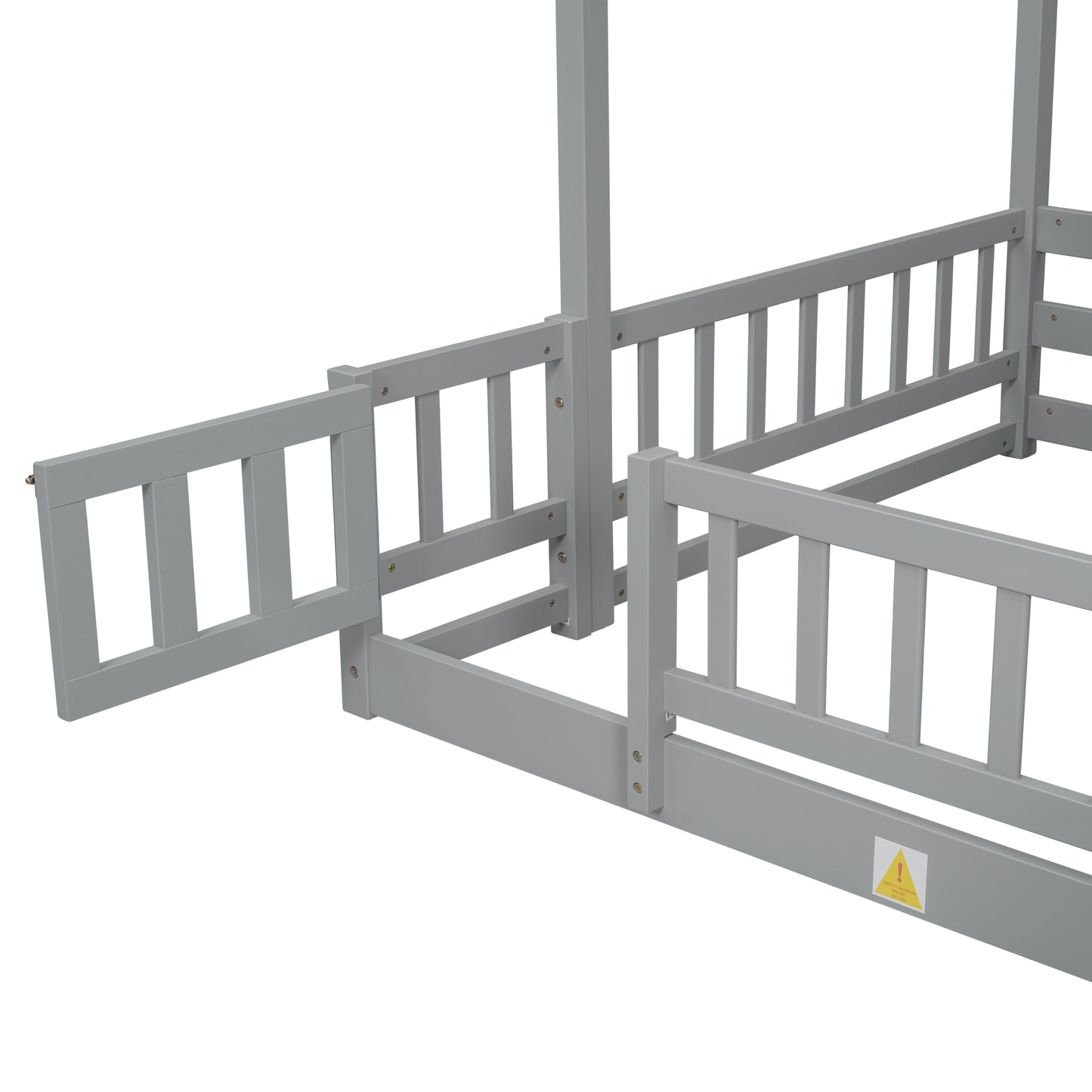 Gray wooden toddler bed frame with guardrails