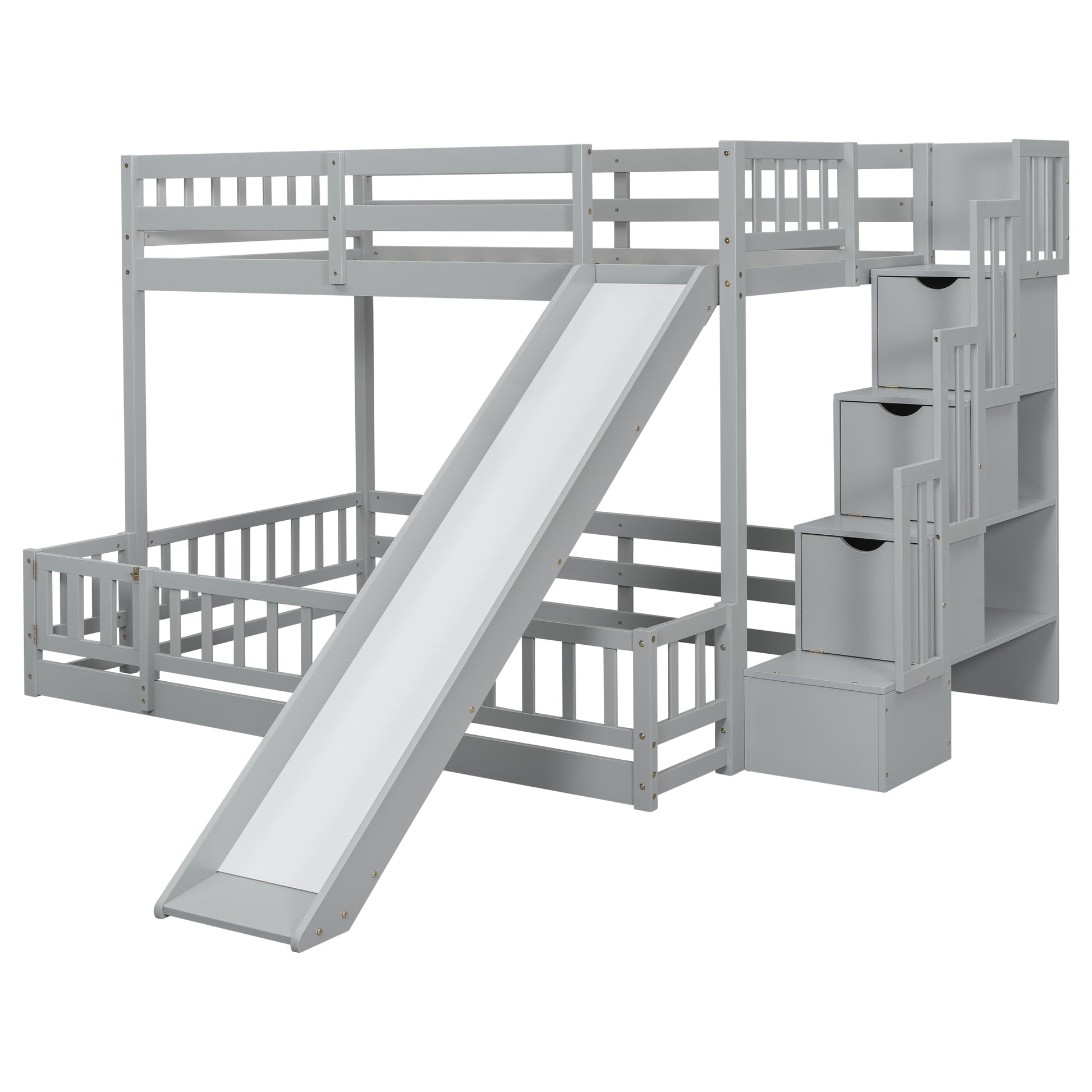 Grey wooden bunk bed with slide and storage stairs