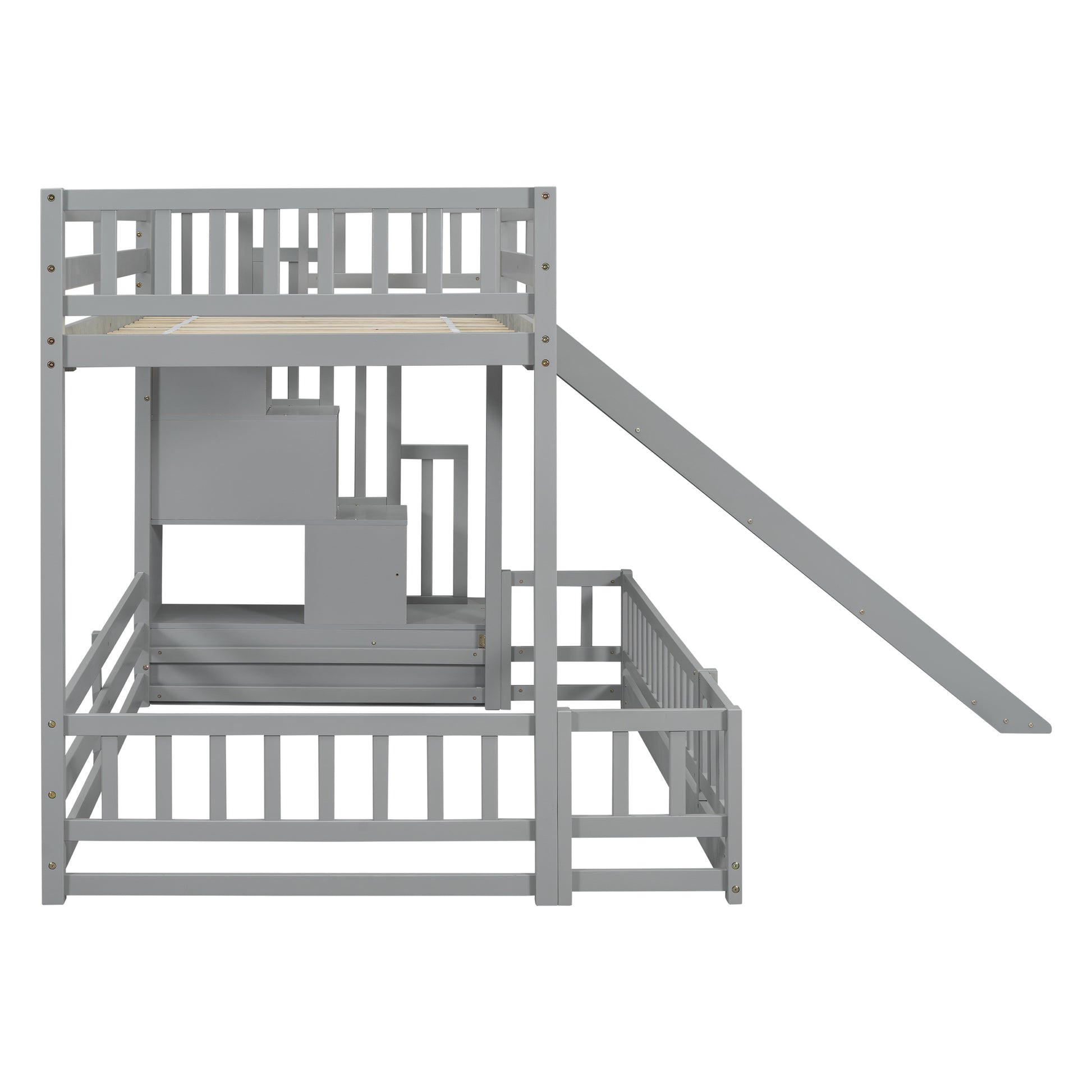 Gray wooden bunk bed with stairs and slide