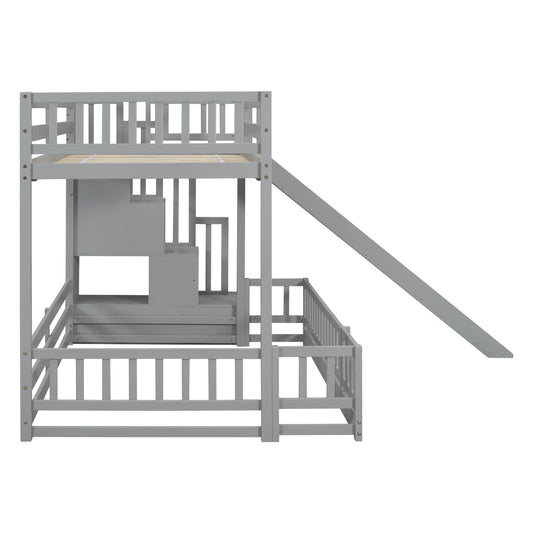 Gray wooden bunk bed with stairs and slide