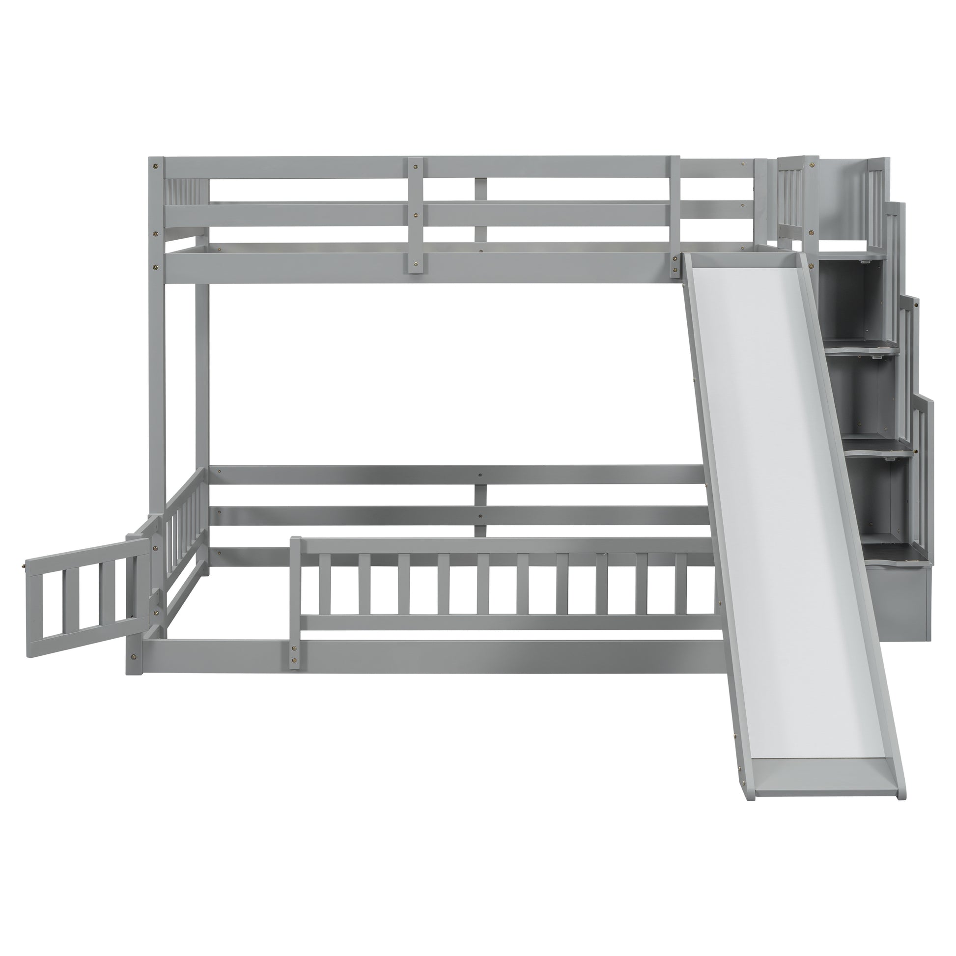 Gray wooden bunk bed with staircase and slide for kids