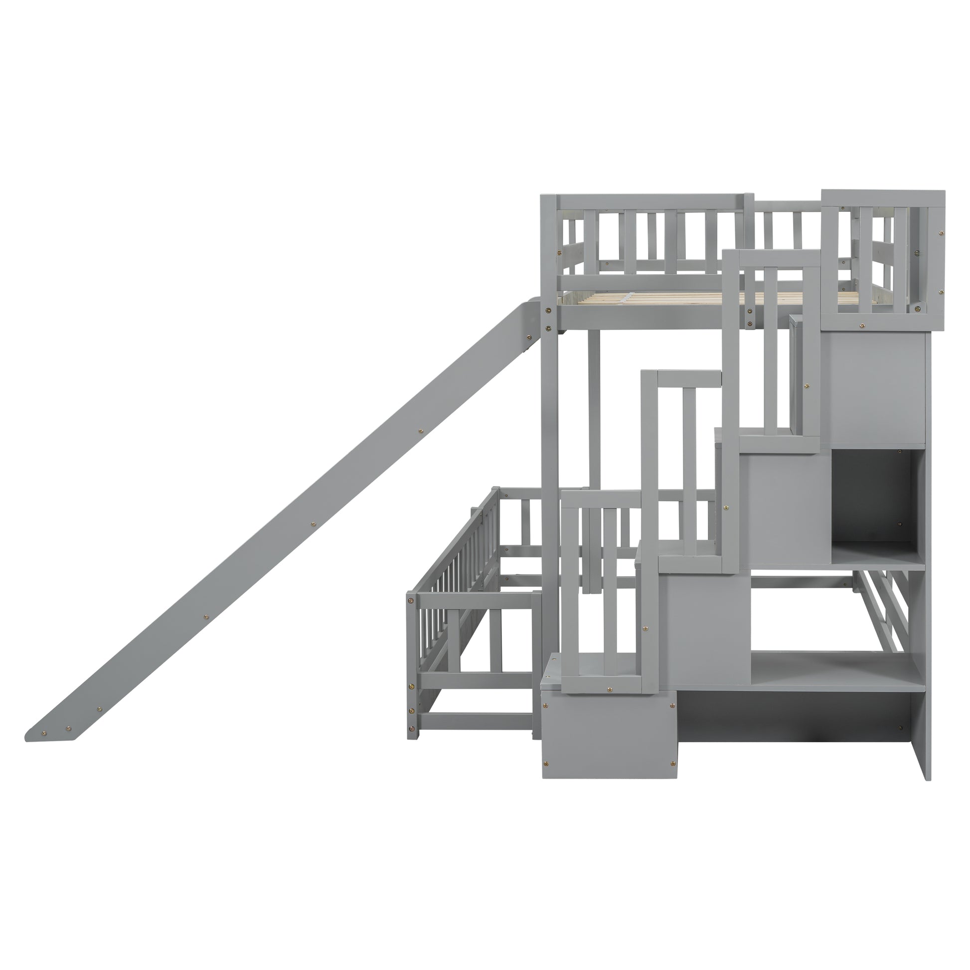 Gray wooden loft bed with slide and stairs