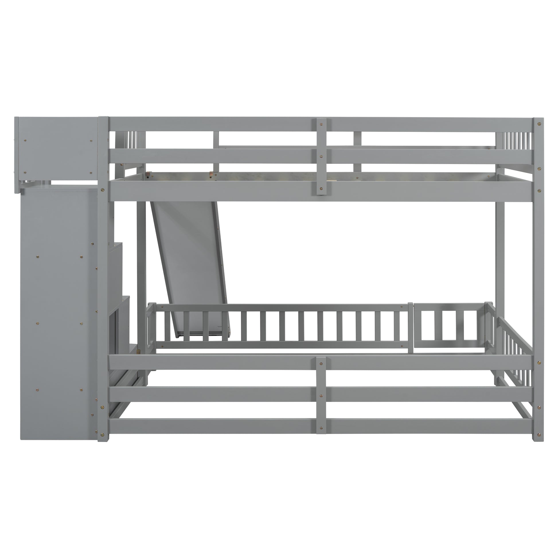 Gray wooden bunk bed with slide and storage stairs