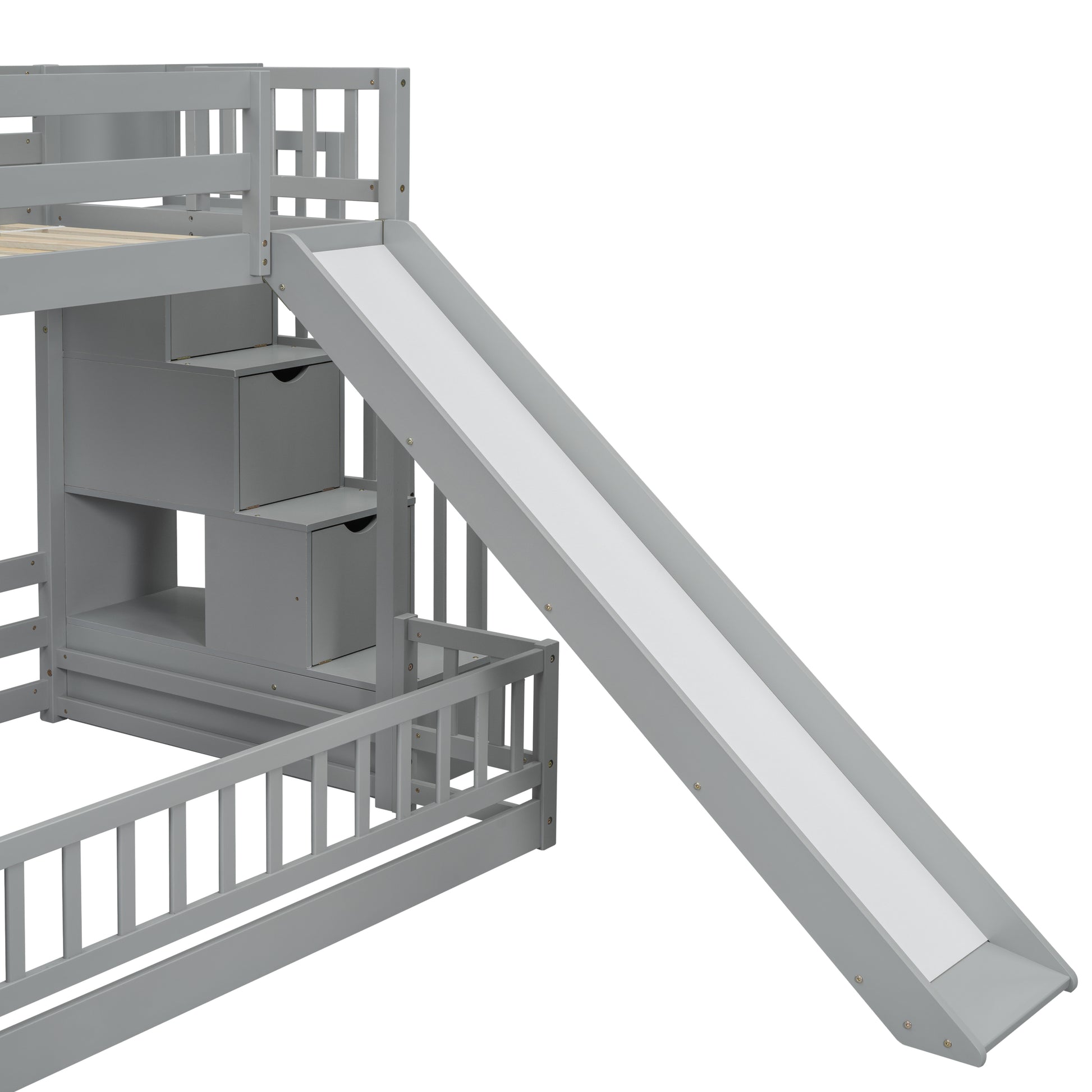 Gray wooden bunk bed with attached slide and drawers