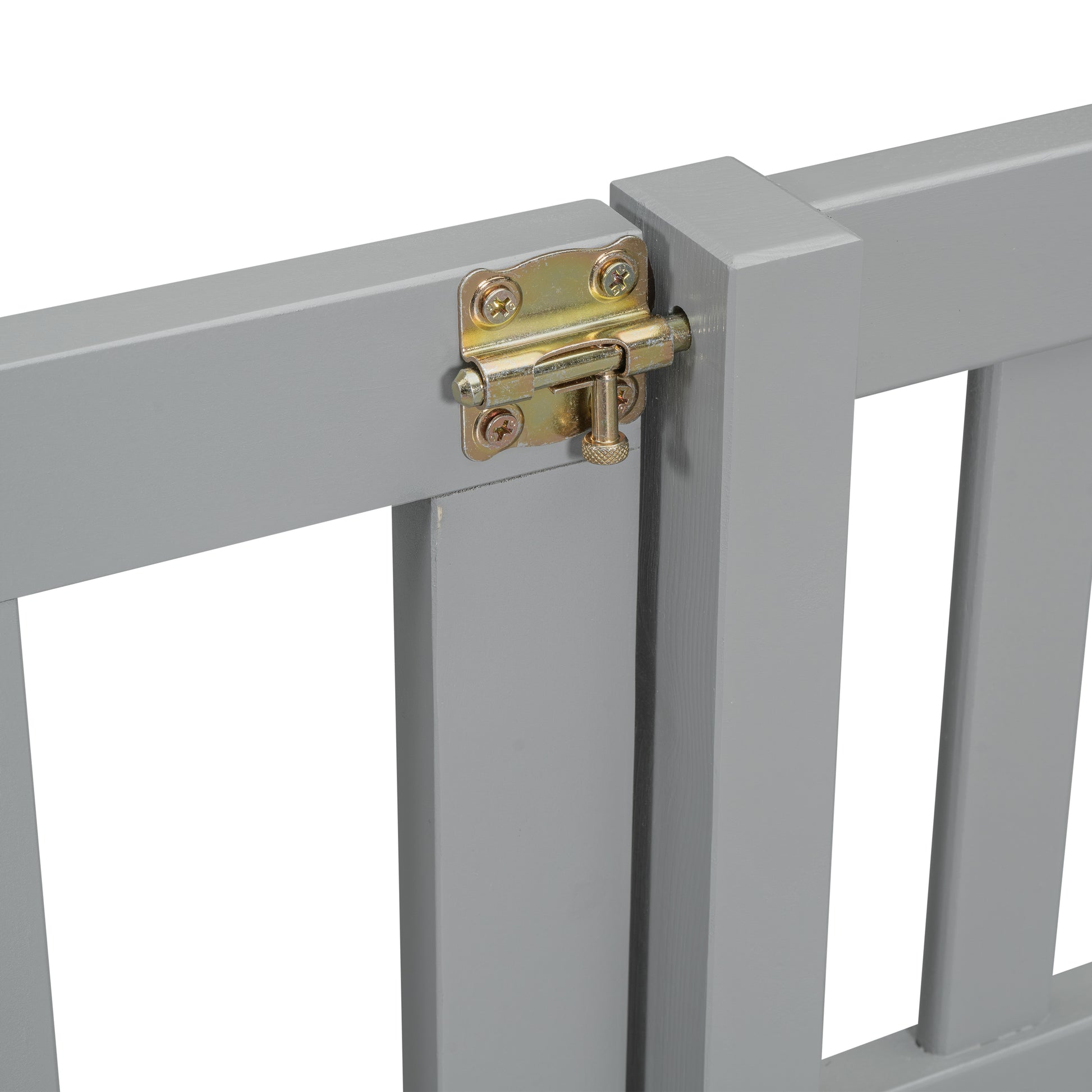 Gray wooden pet gate latch detail