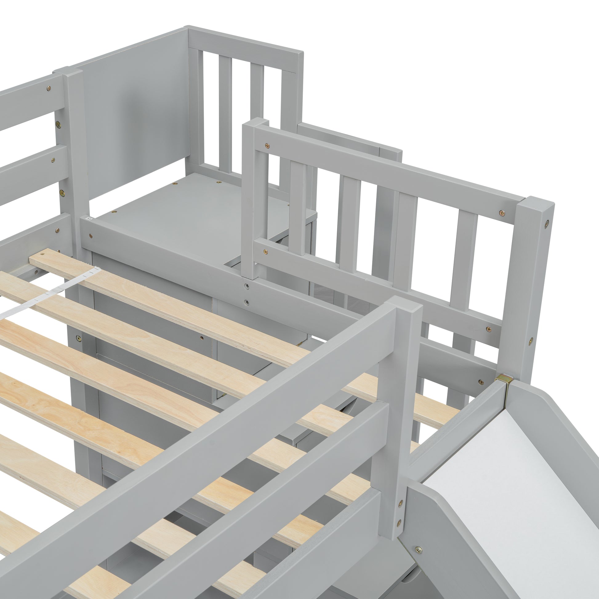 Gray wooden bunk bed frame with slide and ladder