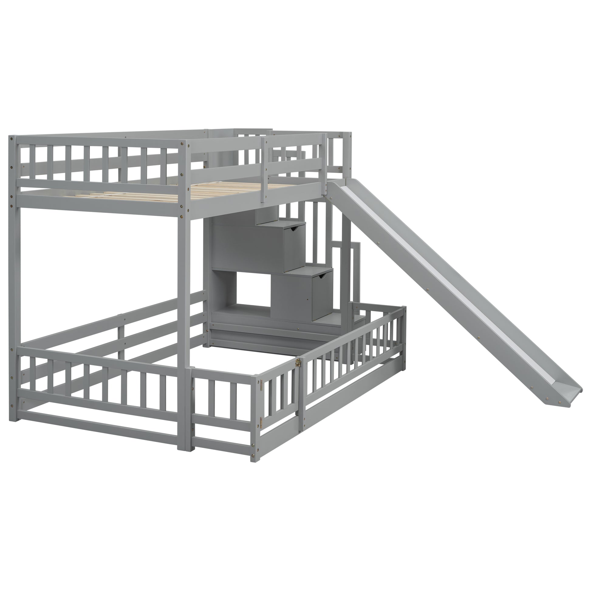 Gray wooden bunk bed with slide and storage stairs for kids