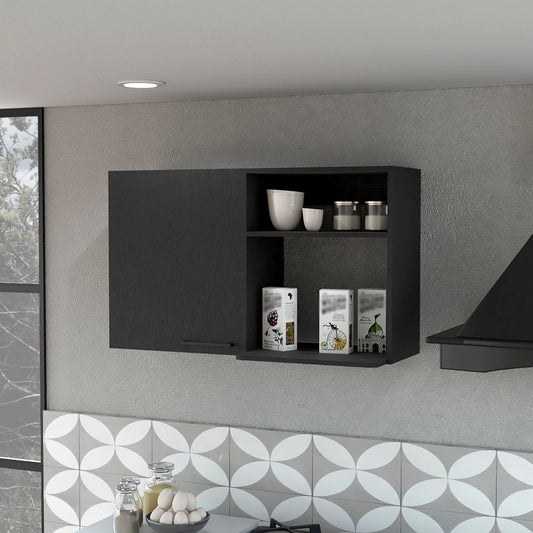 Black modern kitchen wall cabinet with open shelving