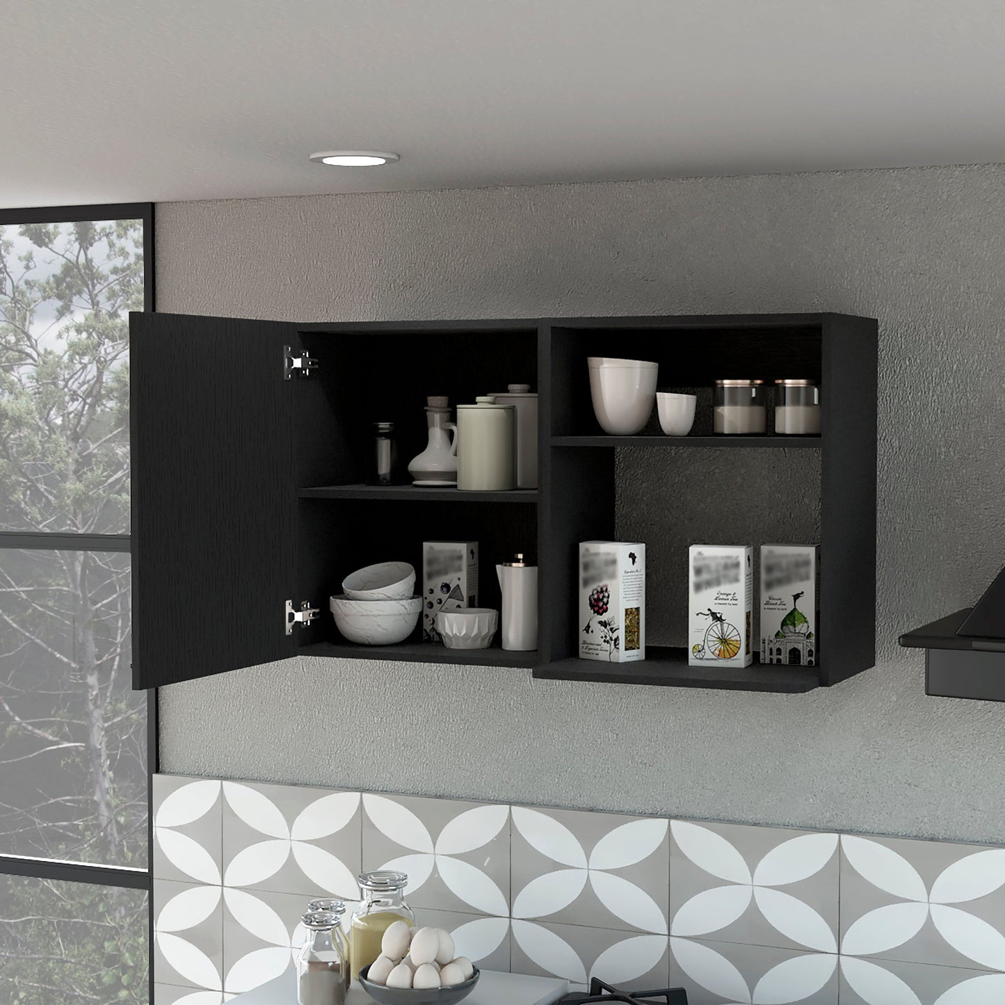 Black wall cabinet with open door showcasing kitchen essentials