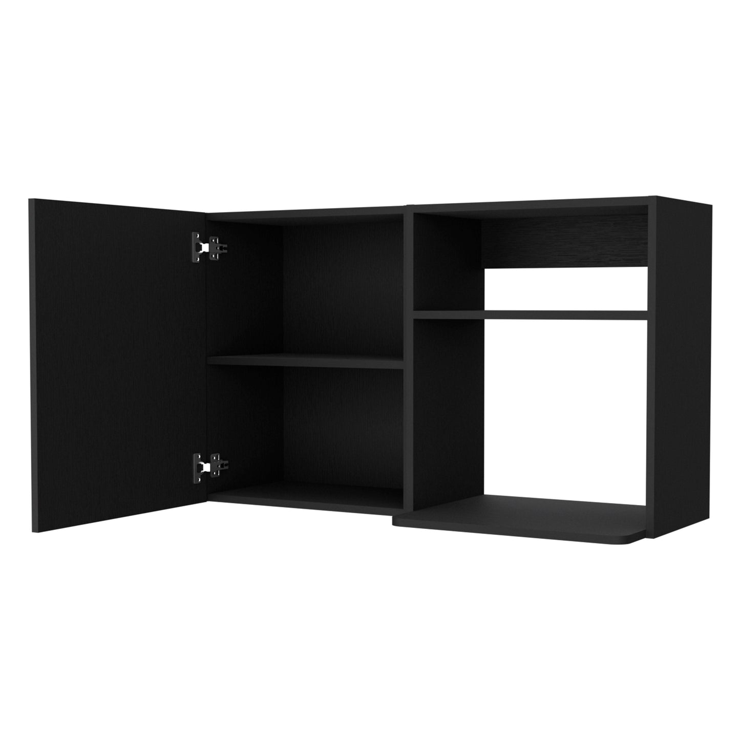 Black modern wall cabinet with open door and shelves