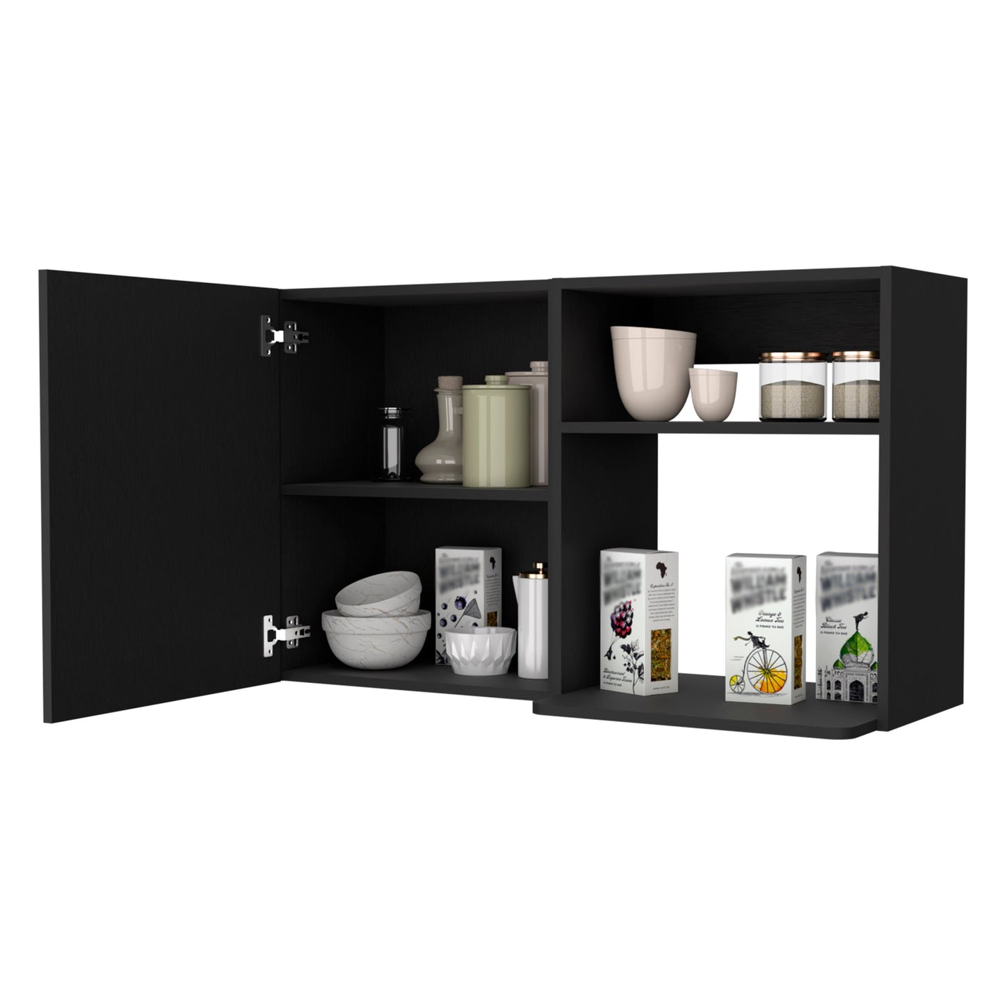 Black modular kitchen cabinet with open door displaying bowls jars and tea boxes